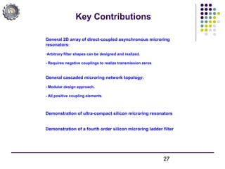27
Key Contributions
General 2D array of direct-coupled asynchronous microring
resonators:
-Arbitrary filter shapes can be designed and realized.
- Requires negative couplings to realize transmission zeros
General cascaded microring network topology:
- Modular design approach.
- All positive coupling elements
Demonstration of ultra-compact silicon microring resonators
Demonstration of a fourth order silicon microring ladder filter
 
