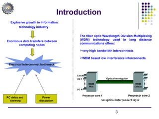3
Introduction
Explosive growth in information
technology industry
Enormous data transfers between
computing nodes
RC delay and
skewing
Power
dissipation
Electrical interconnect bottleneck
I/O 1
I/O N
WDM
Mux
WDM
DeMux
Clock
Optical waveguide
Processor core 1 Processor core 2
The fiber optic Wavelength Division Multiplexing
(WDM) technology used in long distance
communications offers:
very high bandwidth interconnects
WDM based low interference interconnects
An optical interconnect layer
 