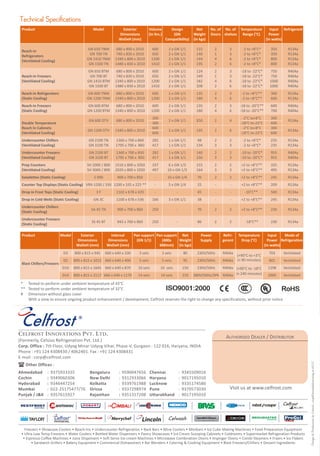 BecausegoodchefsBecausegoodchefs
deservetheworld'sbest!deservetheworld'sbest!
CelfrostbringstoIndia,atrulyworldclassrangeofGastronormrefrigerationproducts,
thatenhancetheskillsofmodernkitchenprofessionals.WithCelfrostProfessional,you
saygood-byetopower-guzzling,rust-catchingandcrudelyfabricatedrefrigeration
systemsandactuallyenjoythebenefitsofsturdyequipmentbuiltwithAISI304Grade
StainlessSteel;flawlessEuropeancontrols;reliableEuropeanrefrigerationsystem,
energysavingdesignanddependableaftersalesservicesupport.Leadingbrandslike
ITCWelcomgroup,TajGroup,CrownePlaza,Radisson,Novotel,Swissotel,Park
Plaza,KFC,PizzaHut,MainlandChina,Subway,FortuneHotelsarejustsomeofthe
namesinourgrowinglistofsatisfiedcustomers.
* Tested to perform under ambient temperature of 43°C
** Tested to perform under ambient temperature of 32°C
# Dimension without glass cover
With a view to ensure ongoing product enhancement / development, Celfrost reserves the right to change any specifications, without prior notice
TechnicalSpecifications
Product Model Exterior
Dimensions (in ltrs.) (GN Weight Doors shelves Range (°C) Power
WxDxH (mm) Compatibility) (in kgs) (in watts)
Volume Design Net No. of No. of Temperature Input Refrigerant
GN 650 TNM 680 x 800 x 2010 600 2 x GN 1/1 115 2 3 -2 to +8°C* 350 R134a
Reach-in
GN 700 TN 740 x 830 x 2010 650 2 x GN 1/1 140 1 3 -2 to +8°C* 350 R134a
Refrigerators
GN 1410 TNM 1340 x 800 x 2010 1200 2 x GN 1/1 144 4 6 -2 to +8°C* 800 R134a
(Ventilated Cooling)
GN 1500 TN 1480 x 830 x 2010 1410 2 x GN 1/1 195 2 6 -2 to +8°C* 800 R134a
GN 650 BTM 680 x 800 x 2010 600 2 x GN 1/1 124 2 3 -18 to -22°C* 750 R404a
Reach-in Freezers GN 700 BT 740 x 830 x 2010 650 2 x GN 1/1 149 1 3 -18 to -22°C* 750 R404a
(Ventilated Cooling) GN 1410 BTM 1340 x 800 x 2010 1200 2 x GN 1/1 182 4 6 -18 to -22°C* 1000 R404a
GN 1500 BT 1480 x 830 x 2010 1410 2 x GN 1/1 208 2 6 -18 to -22°C* 1000 R404a
Reach-in Refrigerators GN 600 TNM 680 x 800 x 2010 600 2 x GN 1/1 135 2 3 -2 to +8°C** 300 R134a
(Static Cooling) GN 1200 TNM 1340 x 800 x 2010 1200 2 x GN 1/1 180 4 6 -2 to +8°C** 600 R134a
Reach-in Freezers GN 600 BTM 680 x 800 x 2010 600 2 x GN 1/1 135 2 3 -18 to -20°C** 600 R404a
(Static Cooling) GN 1200 BTM 1340 x 800 x 2010 1200 2 x GN 1/1 180 4 6 -18 to -20°C** 700 R404a
300 -2°C to+8°C 300
GN 600 DTV 680 x 800 x 2010 2 x GN 1/1 150 2 4 R134a
Double Temperature 300 -18°C to-22°C 600
Reach In Cabinets 600 -2°C to+8°C 300
GN 1200 DTV 1340 x 800 x 2010 2 x GN 1/1 195 2 6 R134a
(Ventilated Cooling) 600 -18°C to-22°C 600
Undercounter Chillers GN 2100 TN 1360 x 700 x 860 282 1 x GN 1/1 98 2 2 -2 to +8°C* 235 R134a
(Ventilated Cooling) GN 3100 TN 1795 x 700 x 860 417 1 x GN 1/1 134 3 3 -2 to +8°C* 235 R134a
Undercounter Freezers GN 2100 BT 1360 x 700 x 850 282 1 x GN 1/1 140 2 2 -10 to -20°C* 955 R404a
(Ventilated Cooling) GN 3100 BT 1795 x 700 x 850 417 1 x GN 1/1 150 3 3 -10 to -20°C* 955 R404a
Prep Counters SH 2000 / 800 1510 x 800 x 1050 337 6 x GN 1/3 155 2 2 +2 to +8°C** 335 R134a
(Ventilated Cooling) SH 3000 / 800 2020 x 800 x 1050 497 10 x GN 1/3 164 3 3 +2 to +8°C** 495 R134a
Saladettes (Static Cooling) S 900 900 x 700 x 850 - 10 x GN 1/4 70 2 2 +2 to +8°C** 245 R134a
Counter Top Displays (Static Cooling) VRX-1200 / 330 1200 x 335 x 225 ** - 5 x GN 1/4 25 - - +2 to +8°C** 209 R134a
Drop in Frost Tops (Static Cooling) 3 F 1102 x 678 x 420 - - 45 - - -10°C** 500 R134a
Drop in Cold Wells (Static Cooling) GN 3C 1100 x 678 x 536 166 3 x GN 1/1 38 - - +2 to +8°C** 245 R134a
Undercounter Chillers
SA 45 TN 900 x 700 x 860 250 - 70 2 2 +2 to +8°C** 230 R134a
(Static Cooling)
Undercounter Freezers
SS 45 BT 943 x 700 x 860 250 - 86 2 2 -18°C** 230 R134a
(Static Cooling)
Product Model Exterior
Dimensions Dimensions (GN 1/1) (400x Weight Supply gerant Drop (°C) Power Refrigeration
WxDxH (mm) WxDxH (mm) 600mm) (in kgs) (in watts)
Internal Pan support Pan support Net Power Refri- Temperature Input Mode of
D3 800 x 815 x 945 660 x 640 x 330 3 sets 3 sets 80 703 Ventilated
(+90°C to +3°C
in 90 minutes)D5 800 x 815 x 1015 660 x 640 x 400 5 sets 5 sets 95 230V/50Hz R404a 801 Ventilated
Blast Chillers/
D10 800 x 815 x 1645 660 x 640 x 870 10 sets 10 sets 150 230V/50Hz R404a 1298 Ventilated(+90°C to -18°C
in 240 minutes)D14 800 x 815 x 2117 660 x 640 x 1170 14 sets 14 sets 210 380V/50Hz/3Ph R404a 2000 Ventilated
230V/50Hz R404a
Freezers
Design&ProductionbyUnited:corp@unitedadvertising.in02/12
Freezers • Showcase Coolers • Reach-Ins • Undercounter Refrigeration • Back Bars • Wine Coolers • Minibars • Ice Cube Making Machines • Food Preparation Equipment
• Ultra Low Temp Freezers • Water Coolers • Bottled Water Dispensers • Pastry Showcases • Ice Cream Scooping Cabinets • Coldrooms • Supermarket Refrigeration Products
• Espresso Coffee Machines • Juice Dispensers • Soft Serve Ice-cream Machines • Microwave Combination Ovens • Impinger Ovens • Combi Steamers • Fryers • Ice Flakers
• Sandwich Grillers • Bakery Equipment • Commercial Dishwashers • Bar Blenders • Catering & Cooking Equipment • Blast Freezers/Chillers • Dessert Ingredients
Visit us at www.celfrost.com
AUTHORISED DEALER / DISTRIBUTOR
CELFROST INNOVATIONS PVT. LTD.
(Formerly, Celsius Refrigeration Pvt. Ltd.)
Corp. Office : 7th Floor, Udyog Minar Udyog Vihar, Phase-V, Gurgaon - 122 016, Haryana, INDIA
Phone : +91 124 4308430 / 4062401. Fax : +91 124 4308431
E-mail : corp@celfrost.com
Other Offices :
Ahmedabad : 9375933335 Bengaluru : 9590047656 Chennai : 9345509016
Cochin : 9349060306 New Delhi : 9312933066 Haryana : 9017195010
Hyderabad : 9346447254 Kolkatta : 9339761988 Lucknow : 9335174580
Mumbai : 022-25175477/76 Orissa : 9337298974 Pune : 9370573030
Punjab / J&K : 9357615927 Rajasthan : 9351317208 Uttarakhand : 9017195010
 