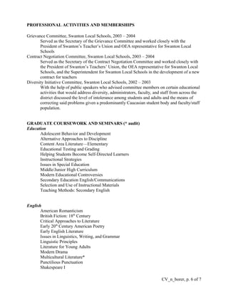 PROFESSIONAL ACTIVITIES AND MEMBERSHIPS
Grievance Committee, Swanton Local Schools, 2003 – 2004
Served as the Secretary of the Grievance Committee and worked closely with the
President of Swanton’s Teacher’s Union and OEA representative for Swanton Local
Schools
Contract Negotiation Committee, Swanton Local Schools, 2003 – 2004
Served as the Secretary of the Contract Negotiation Committee and worked closely with
the President of Swanton’s Teachers’ Union, the OEA representative for Swanton Local
Schools, and the Superintendent for Swanton Local Schools in the development of a new
contract for teachers
Diversity Initiative Committee, Swanton Local Schools, 2002 – 2003
With the help of public speakers who advised committee members on certain educational
activities that would address diversity, administrators, faculty, and staff from across the
district discussed the level of intolerance among students and adults and the means of
correcting said problems given a predominantly Caucasian student body and faculty/staff
population.
GRADUATE COURSEWORK AND SEMINARS (* audit)
Education
Adolescent Behavior and Development
Alternative Approaches to Discipline
Content Area Literature—Elementary
Educational Testing and Grading
Helping Students Become Self-Directed Learners
Instructional Strategies
Issues in Special Education
Middle/Junior High Curriculum
Modern Educational Controversies
Secondary Education English/Communications
Selection and Use of Instructional Materials
Teaching Methods: Secondary English
English
American Romanticism
British Fiction: 18th
Century
Critical Approaches to Literature
Early 20th
Century American Poetry
Early English Literature
Issues in Linguistics, Writing, and Grammar
Linguistic Principles
Literature for Young Adults
Modern Drama
Multicultural Literature*
Punctilious Punctuation
Shakespeare I
CV_n_borer, p. 6 of 7
 