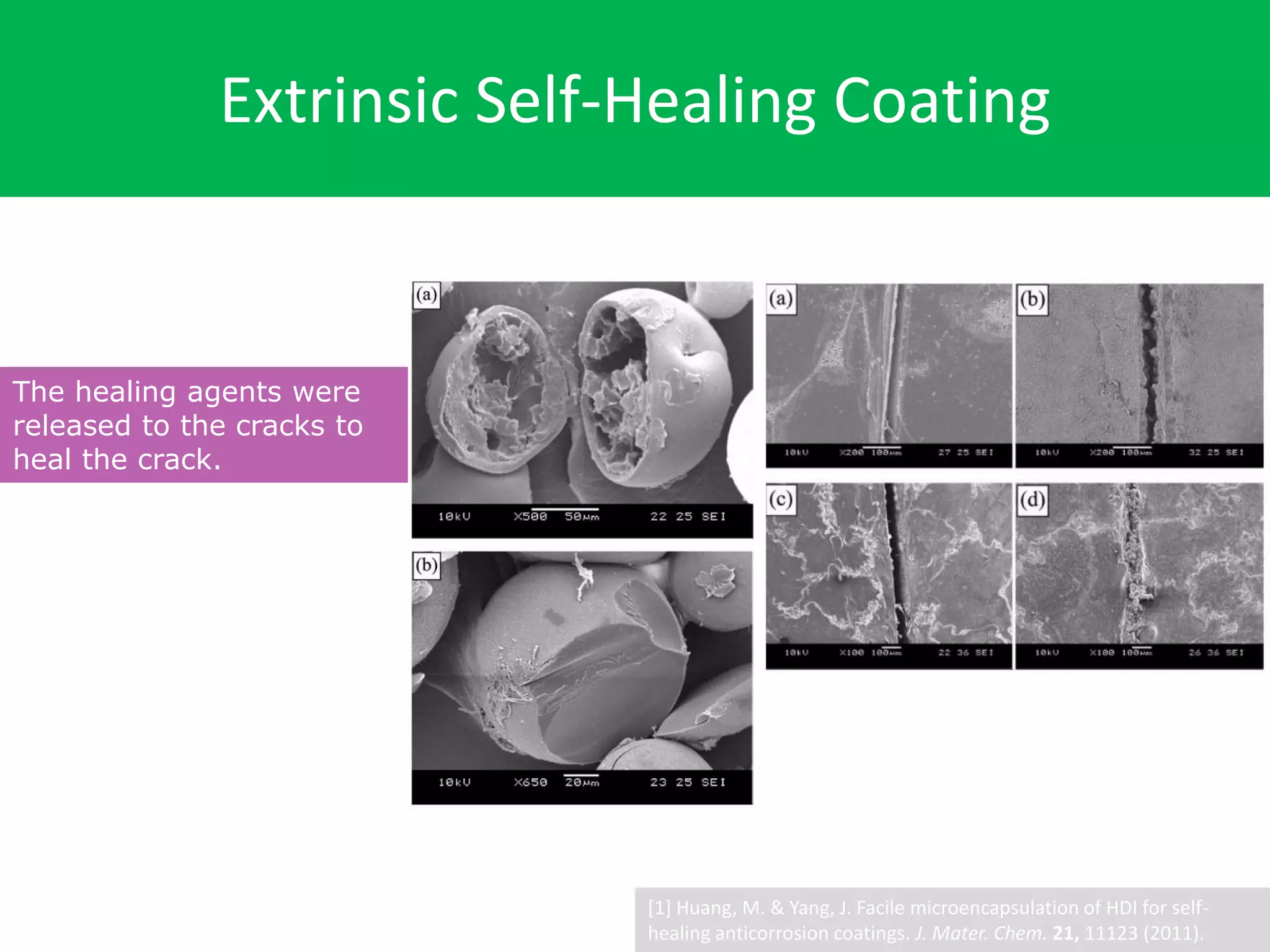 Extrinsic Self-Healing Coating
The healing agents were
released to the cracks to
heal the crack.
[1] Huang, M. & Yang, J. Facile microencapsulation of HDI for self-
healing anticorrosion coatings. J. Mater. Chem. 21, 11123 (2011).
 