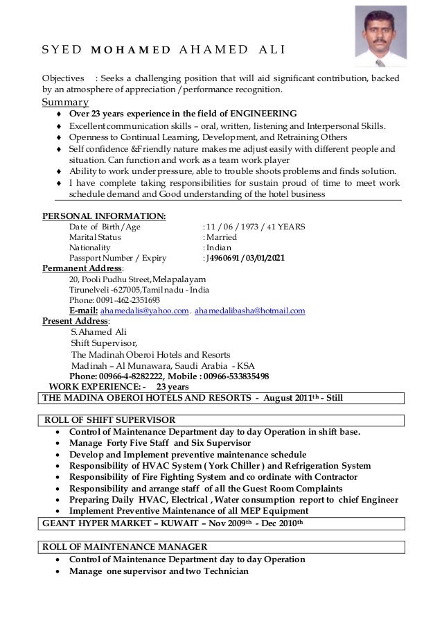 syed mohamed ahamed ali cv construction operation manager resume