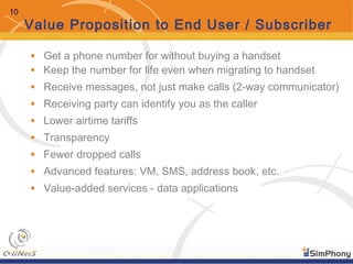 10
Value Proposition to End User / Subscriber
• Get a phone number for without buying a handset
• Keep the number for life even when migrating to handset
• Receive messages, not just make calls (2-way communicator)
• Receiving party can identify you as the caller
• Lower airtime tariffs
• Transparency
• Fewer dropped calls
• Advanced features: VM, SMS, address book, etc.
• Value-added services - data applications
 
