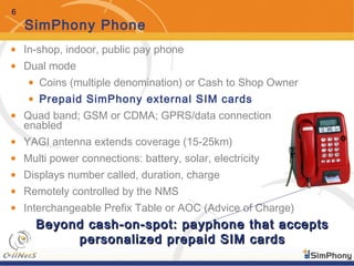 6
• In-shop, indoor, public pay phone
• Dual mode
• Coins (multiple denomination) or Cash to Shop Owner
• Prepaid SimPhony external SIM cards
• Quad band; GSM or CDMA; GPRS/data connection
enabled
• YAGI antenna extends coverage (15-25km)
• Multi power connections: battery, solar, electricity
• Displays number called, duration, charge
• Remotely controlled by the NMS
• Interchangeable Prefix Table or AOC (Advice of Charge)
SimPhony Phone
Beyond cash-on-spot: payphone that acceptsBeyond cash-on-spot: payphone that accepts
personalized prepaid SIM cardspersonalized prepaid SIM cards
 