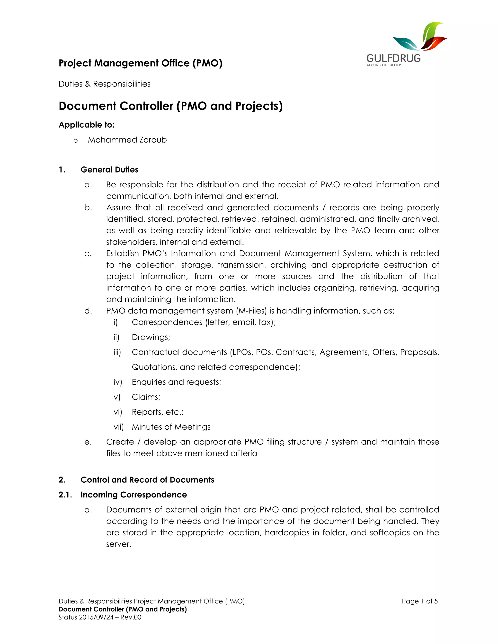 Pmo Documents 2.1.5. PMO Document Controller | PDF