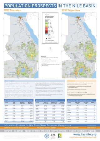 Information Products for Nile Basin Water Resources Management GCP/INT/945/ITA
c/o FAO Representative Office in Uganda P. O.Box 521, Kampala, UGANDA Phone: (256) 414 321391 info@ faonile.org
www.faonile.orgThe project is intended to strengthen the ability of the governments of the Nile Riparian States
to take informed decisions on water resources policy and management matters regarding
the common Nile resource. It includes a major capacity building component. The project
is implemented under the umbrella of the Nile Basin Initiative.
ugandarwandakenya sudan tanzaniaburundi eritrea ethiopiad.r.congo egypt
A project sponsored by the Government of Italy
POPULATION PROSPECTS IN THE NILE BASIN
2005 Estimates 2030 Projections
0 - 10
11 - 25
26 - 50
51 - 100
101 - 250
251 - 500
501 - 1,000
1,001 - 2,500
2,501 - 5,000
5,001 - 50,000
50,001 - 100,000
Lakes
Rivers
Country Boundary
Towns
Basin Boundary
Scale; 1: 8,000,000, on A0 poster
N
Population distribution
per square kilometer
Legend
Burundi
DRC
Egypt
Eritrea
Ethiopia
Kenya
Rwanda
Sudan
Tanzania
Uganda
Sum
2005 - 2030 Nile Basin Population Prospects: Medium UNPD Variant
Country 2005
(’000)
Nile Basin
2005 (’000)
Nile Basin
2030 (’000)
7,859
58,741
72,850
4,527
78,986
35,599
9,234
36,900
38,478
28,947
372,121
4,615
1,851
72,617
1,721
31,044
13,359
7,685
32,406
7,933
28,477
201,708
9,911
4,117
101,465
3,489
50,345
25,411
14,066
53,664
13,194
60,418
336,080
Burundi
DRC
Egypt
Eritrea
Ethiopia
Kenya
Rwanda
Sudan
Tanzania
Uganda
Sum
2030 Prospects: Low - Medium - High UNPD Variants
Country 2030 Low
Variant (’000)
2030 Medium
Variant (’000)
2030 High
Variant (’000)
16,367
116,119
96,189
7,895
128,639
58,563
15,683
54,460
61,096
57,968
612,979
+65
17,232
122,734
104,070
8,433
137,052
62,762
16,646
58,446
65,516
61,548
654,439
+ 76
18,103
128,220
112,045
8,975
145,530
67,015
17,614
62,464
69,991
65,163
695,120
+ 87
Burundi
DRC
Egypt
Eritrea
Ethiopia
Kenya
Rwanda
Sudan
Tanzania
Uganda
2005 - 2030 Rural - Urban Prospects: Medium UNPD Variant
Country 2005 Urban
(’000)
2030 Urban
(’000)
2030 Rural
%
801
18,845
31,291
916
12,511
14,263
1,968
14,775
14,373
3,580
3,604
59,891
57,875
3,040
36,971
38,017
8,401
32,806
32,722
14,691
80
51
44
64
73
39
49
44
50
74
This poster presents population densities in the Nile countries in 2005 and
projections for 2030.
According to the United Nations Population Division (UNPD), the countries will hit a
medium estimate of 654 million in 2030 from 372 million in 2005. Currently 54% of
the total population lives within the Nile basin.
Population is highest in the East African Plateau, the Nile valley, the Nile delta, the
Ethiopian highlands, and in Khartoum. High densities in the Lake Victoria region are
in Uganda’s capital Kampala, in Kenya’s Nakuru town, and in Rwanda and Burundi.
Vast areas of Sudan are unoccupied. After Khartoum, density is high at Atbarah and
fairly high in the irrigated areas south of Khartoum. In Egypt population density is
high along the Nile, stretching from Aswan to the Mediterranean Sea. Virtually every
Egyptian -- 99.7% -- lives in the Nile basin.
Ethiopia has high concentrations around Lake Tana and the city of Bahir Dar. The
country’s highest population density is however outside the Nile basin, especially in
Addis Ababa and the areas around Awasa.
Large areas of the DR Congo, Eritrea, Kenya and Tanzania are sparsely populated.
But population density is substantial in their Nile basin areas.
Population explosion – as we move towards 2030 – is observed mainly around Lake
Victoria, in the Ethiopian Highlands, and in several parts of the Nile valley and the
Nile delta.
While the settlement pattern in the lower riparians follows the river, in the upper
riaprians it tends to follow rainfall distribution.
About this poster
1.
2.
3.
4.
5.
6.
7.
Assumptions
Country totals are derived from the UNPD 2005 and 2030 medium variant;
Relative population distribution is from Landscan 2004;
Differences between US Bureau of Census and UNPD 2005 adjusted
proportionally per grid cell;
Urban growth spread proportionally over urban areas;
Rural growth spread proportionally over rural areas;
Areas classified as urban in 2005 remain urban in 2030;
Areas classified as rural remain rural in 2030, with the exception of rural areas
in close proximity of existing urban areas.
• United Nations Population Division, 2030 medium
variant
• US Bureau of Census, 2005
• LandScan 2004 Distributed Population layer
• AFRICOVER urban areas
• ESRI Gazetteer
• Urban polygons digitized by the project for DR Congo,
Egypt and Ethiopia
Data Sources
These maps are not an authority on international boundaries
P
P
P
P
P
P
P
P
P
P
P
P
P
P
S U D A N
E T H I O P I A
E G Y P T
U G A N D A
K E N Y A
D R C
T A N Z A N I A
E R I T R E A
R W A N D A
B U R U N D I
Nakuru
Nairobi
Mombasa
JinjaKampala
Goma
Kananga
Juba
Uwayl
Torit
Nyala
Kusti
Kasala
Malakal
`Atbarah
Khartoum
Al Fashir
Wad Madani
Port Sudan
Al Ubayyid
Al Qadarif
Wadi Halfa'
Tant
Aswan
Cairo
Al-Minya
Al-Faiyum
As-Suways
Al-Mansura
Alexandria
Asmera
Tessenei
Jima
Dese
Awasa
Mekele
Gonder
Nazret
Bahir Dar
Addis Ababa
Arusha
Shinyanga
40°0'0"E
40°0'0"E
30°0'0"E
30°0'0"E
30°0'0"N
30°0'0"N
20°0'0"N
20°0'0"N
10°0'0"N
10°0'0"N
0°0'0"
0°0'0"
P
P
P
P
P
P
P
P
P
P
B U R U N D I
R W A N D A
S U D A N
E T H I O P I A
E G Y P T
U G A N D A
K E N Y A
D R C
T A N Z A N I A
E R I T R E A
Bujumbura
Nakuru
Nairobi
Mombasa
JinjaKampala
Goma
Kananga
Juba
Uwayl
Torit
Nyala
Kusti
Kasala
Malakal
`Atbarah
Khartoum
Al Fashir
Wad Madani
Port Sudan
Al Ubayyid
Al Qadarif
Wadi Halfa'
Asmera
Tessenei
Arusha
Shinyanga
Jima
Dese
Awasa
Mekele
Gonder
Nazret
Bahir Dar
Addis Ababa
Tant
Aswan
Cairo
Al-Minya
Al-Faiyum
As-Suways
Al-Mansura
Alexandria
40°0'0"E
40°0'0"E
30°0'0"E
30°0'0"E
30°0'0"N
30°0'0"N
20°0'0"N
20°0'0"N
10°0'0"N
10°0'0"N
0°0'0"
0°0'0"
Bujumbura
 