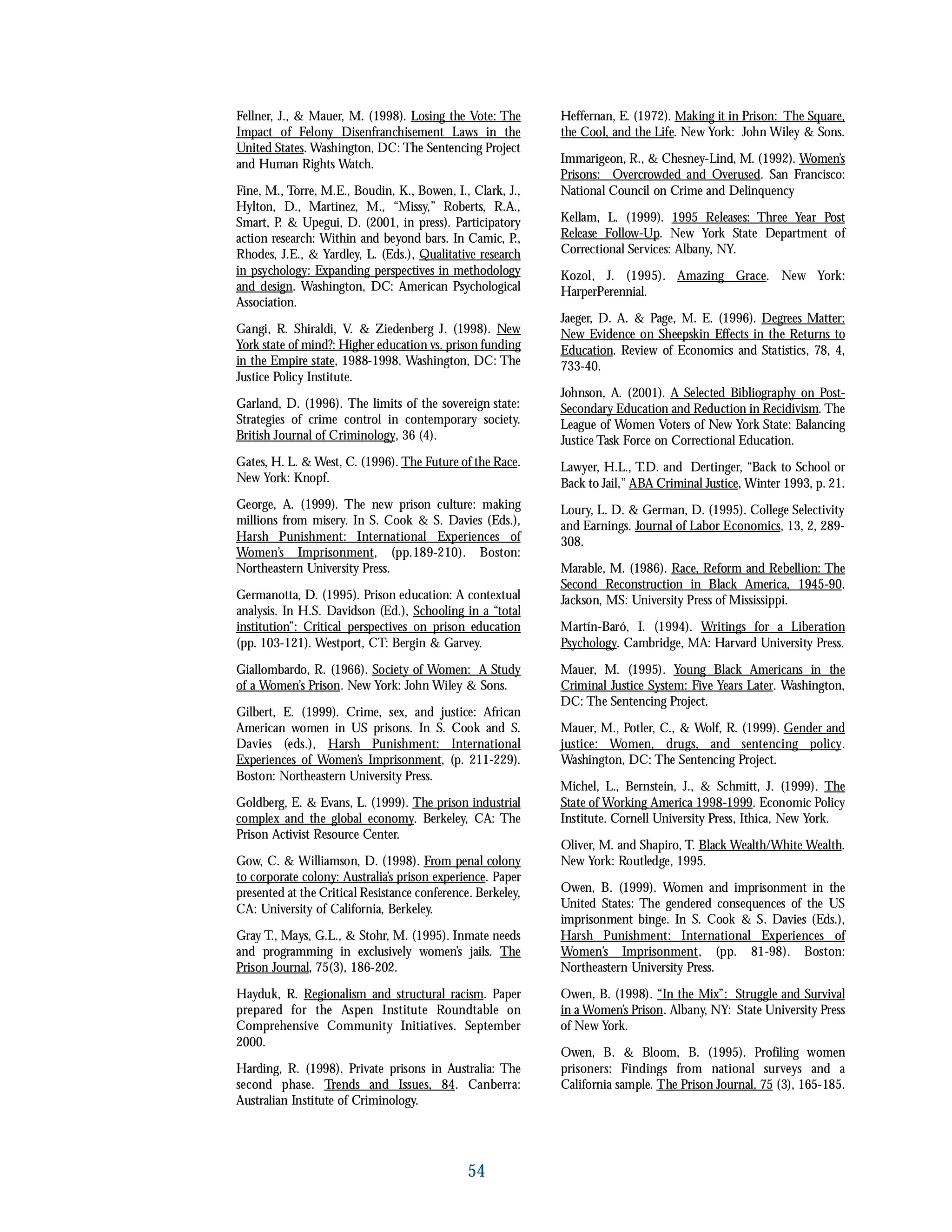Fellner, J., & Mauer, M. (1998). Losing the Vote: The
Impact of Felony Disenfranchisement Laws in the
United States. Washington, DC: The Sentencing Project
and Human Rights Watch.
Fine, M., Torre, M.E., Boudin, K., Bowen, I., Clark, J.,
Hylton, D., Martinez, M., “Missy,” Roberts, R.A.,
Smart, P. & Upegui, D. (2001, in press). Participatory
action research: Within and beyond bars. In Camic, P.,
Rhodes, J.E., & Yardley, L. (Eds.), Qualitative research
in psychology: Expanding perspectives in methodology
and design. Washington, DC: American Psychological
Association.
Gangi, R. Shiraldi, V. & Ziedenberg J. (1998). New
York state of mind?: Higher education vs. prison funding
in the Empire state, 1988-1998. Washington, DC: The
Justice Policy Institute.
Garland, D. (1996). The limits of the sovereign state:
Strategies of crime control in contemporary society.
British Journal of Criminology, 36 (4).
Gates, H. L. & West, C. (1996). The Future of the Race.
New York: Knopf.
George, A. (1999). The new prison culture: making
millions from misery. In S. Cook & S. Davies (Eds.),
Harsh Punishment: International Experiences of
Women’s Imprisonment, (pp.189-210). Boston:
Northeastern University Press.
Germanotta, D. (1995). Prison education: A contextual
analysis. In H.S. Davidson (Ed.), Schooling in a “total
institution”: Critical perspectives on prison education
(pp. 103-121). Westport, CT: Bergin & Garvey.
Giallombardo, R. (1966). Society of Women: A Study
of a Women’s Prison. New York: John Wiley & Sons.
Gilbert, E. (1999). Crime, sex, and justice: African
American women in US prisons. In S. Cook and S.
Davies (eds.), Harsh Punishment: International
Experiences of Women’s Imprisonment, (p. 211-229).
Boston: Northeastern University Press.
Goldberg, E. & Evans, L. (1999). The prison industrial
complex and the global economy. Berkeley, CA: The
Prison Activist Resource Center.
Gow, C. & Williamson, D. (1998). From penal colony
to corporate colony: Australia’s prison experience. Paper
presented at the Critical Resistance conference. Berkeley,
CA: University of California, Berkeley.
Gray T., Mays, G.L., & Stohr, M. (1995). Inmate needs
and programming in exclusively women’s jails. The
Prison Journal, 75(3), 186-202.
Hayduk, R. Regionalism and structural racism. Paper
prepared for the Aspen Institute Roundtable on
Comprehensive Community Initiatives. September
2000.
Harding, R. (1998). Private prisons in Australia: The
second phase. Trends and Issues, 84. Canberra:
Australian Institute of Criminology.
Heffernan, E. (1972). Making it in Prison: The Square,
the Cool, and the Life. New York: John Wiley & Sons.
Immarigeon, R., & Chesney-Lind, M. (1992). Women’s
Prisons: Overcrowded and Overused. San Francisco:
National Council on Crime and Delinquency
Kellam, L. (1999). 1995 Releases: Three Year Post
Release Follow-Up. New York State Department of
Correctional Services: Albany, NY.
Kozol, J. (1995). Amazing Grace. New York:
HarperPerennial.
Jaeger, D. A. & Page, M. E. (1996). Degrees Matter:
New Evidence on Sheepskin Effects in the Returns to
Education. Review of Economics and Statistics, 78, 4,
733-40.
Johnson, A. (2001). A Selected Bibliography on Post-
Secondary Education and Reduction in Recidivism. The
League of Women Voters of New York State: Balancing
Justice Task Force on Correctional Education.
Lawyer, H.L., T.D. and Dertinger, “Back to School or
Back to Jail,” ABA Criminal Justice, Winter 1993, p. 21.
Loury, L. D. & German, D. (1995). College Selectivity
and Earnings. Journal of Labor Economics, 13, 2, 289-
308.
Marable, M. (1986). Race, Reform and Rebellion: The
Second Reconstruction in Black America, 1945-90.
Jackson, MS: University Press of Mississippi.
Martín-Baró, I. (1994). Writings for a Liberation
Psychology. Cambridge, MA: Harvard University Press.
Mauer, M. (1995). Young Black Americans in the
Criminal Justice System: Five Years Later. Washington,
DC: The Sentencing Project.
Mauer, M., Potler, C., & Wolf, R. (1999). Gender and
justice: Women, drugs, and sentencing policy.
Washington, DC: The Sentencing Project.
Michel, L., Bernstein, J., & Schmitt, J. (1999). The
State of Working America 1998-1999. Economic Policy
Institute. Cornell University Press, Ithica, New York.
Oliver, M. and Shapiro, T. Black Wealth/White Wealth.
New York: Routledge, 1995.
Owen, B. (1999). Women and imprisonment in the
United States: The gendered consequences of the US
imprisonment binge. In S. Cook & S. Davies (Eds.),
Harsh Punishment: International Experiences of
Women’s Imprisonment, (pp. 81-98). Boston:
Northeastern University Press.
Owen, B. (1998). “In the Mix”: Struggle and Survival
in a Women’s Prison. Albany, NY: State University Press
of New York.
Owen, B. & Bloom, B. (1995). Profiling women
prisoners: Findings from national surveys and a
California sample. The Prison Journal, 75 (3), 165-185.
54
 