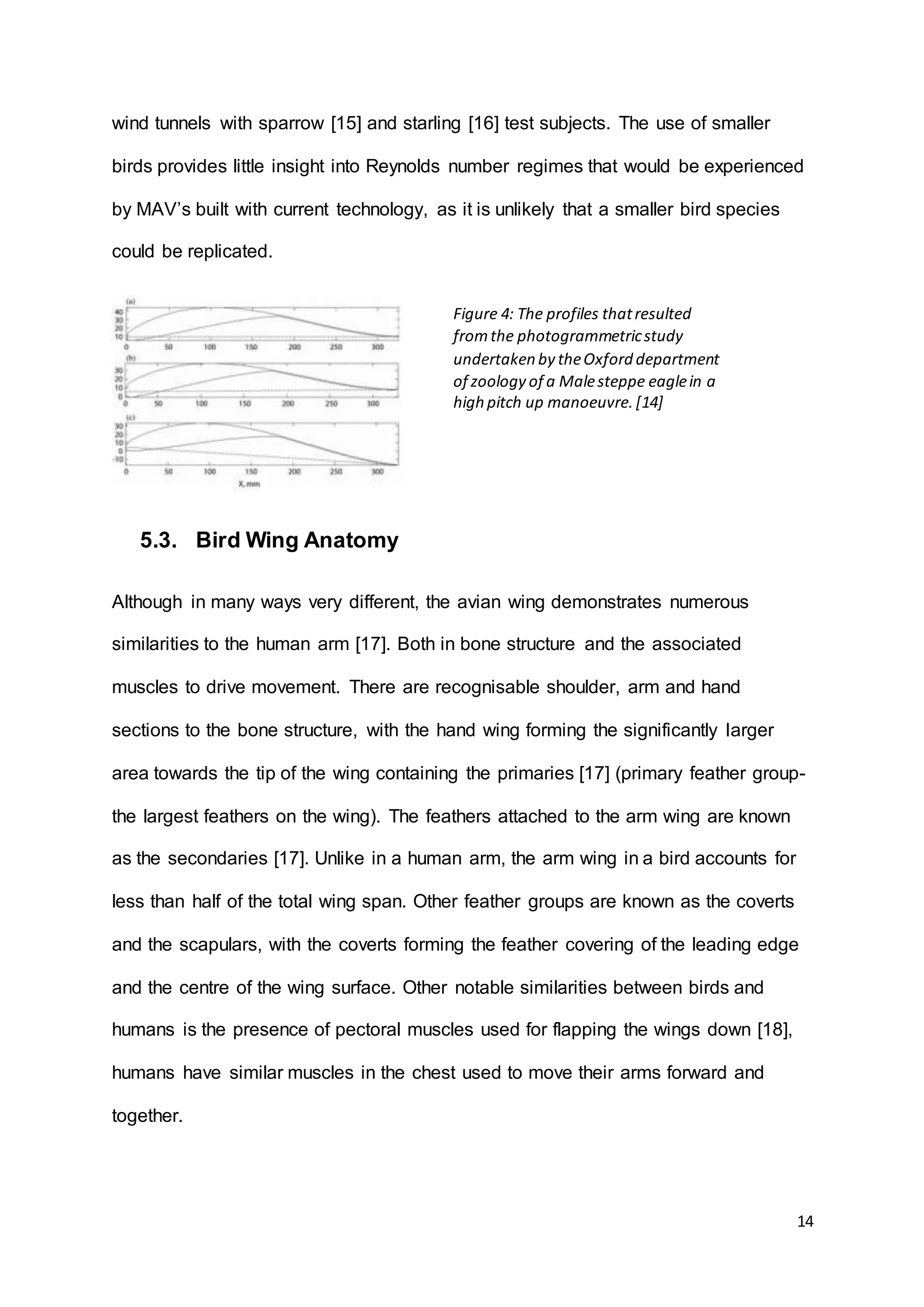 14
wind tunnels with sparrow [15] and starling [16] test subjects. The use of smaller
birds provides little insight into Reynolds number regimes that would be experienced
by MAV’s built with current technology, as it is unlikely that a smaller bird species
could be replicated.
5.3. Bird Wing Anatomy
Although in many ways very different, the avian wing demonstrates numerous
similarities to the human arm [17]. Both in bone structure and the associated
muscles to drive movement. There are recognisable shoulder, arm and hand
sections to the bone structure, with the hand wing forming the significantly larger
area towards the tip of the wing containing the primaries [17] (primary feather group-
the largest feathers on the wing). The feathers attached to the arm wing are known
as the secondaries [17]. Unlike in a human arm, the arm wing in a bird accounts for
less than half of the total wing span. Other feather groups are known as the coverts
and the scapulars, with the coverts forming the feather covering of the leading edge
and the centre of the wing surface. Other notable similarities between birds and
humans is the presence of pectoral muscles used for flapping the wings down [18],
humans have similar muscles in the chest used to move their arms forward and
together.
Figure 4: The profiles thatresulted
fromthe photogrammetricstudy
undertaken by theOxford department
of zoology of a Malesteppe eaglein a
high pitch up manoeuvre.[14]
 