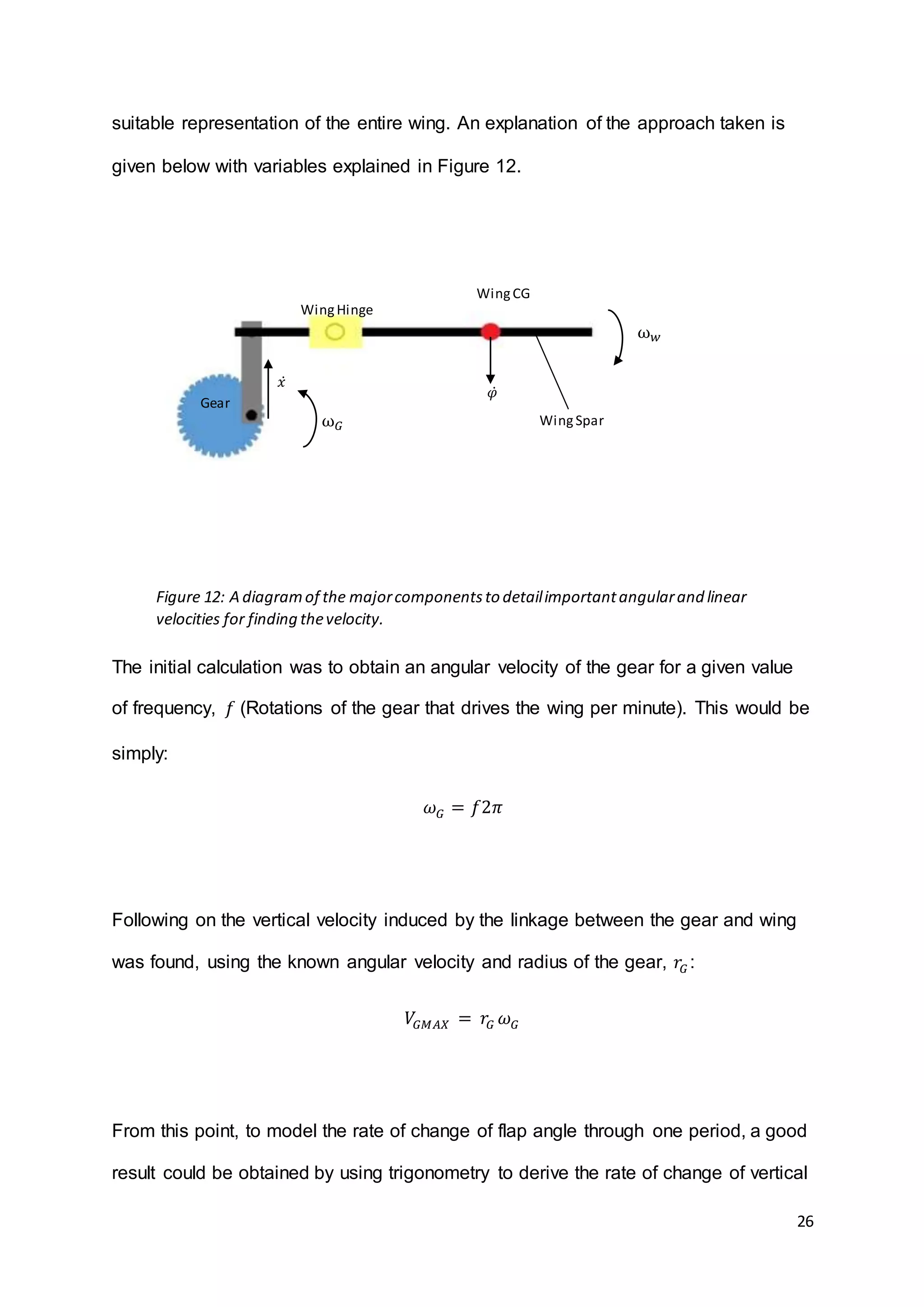 26
suitable representation of the entire wing. An explanation of the approach taken is
given below with variables explained in Figure 12.
The initial calculation was to obtain an angular velocity of the gear for a given value
of frequency, 𝑓 (Rotations of the gear that drives the wing per minute). This would be
simply:
𝜔 𝐺 = 𝑓2𝜋
Following on the vertical velocity induced by the linkage between the gear and wing
was found, using the known angular velocity and radius of the gear, 𝑟𝐺 :
𝑉𝐺𝑀𝐴𝑋 = 𝑟𝐺 𝜔 𝐺
From this point, to model the rate of change of flap angle through one period, a good
result could be obtained by using trigonometry to derive the rate of change of vertical
ω 𝑤
𝑥̇
ω 𝐺
𝜑̇
WingSpar
WingHinge
WingCG
Gear
Figure 12: A diagramof the majorcomponentsto detailimportantangularand linear
velocities for finding thevelocity.
 