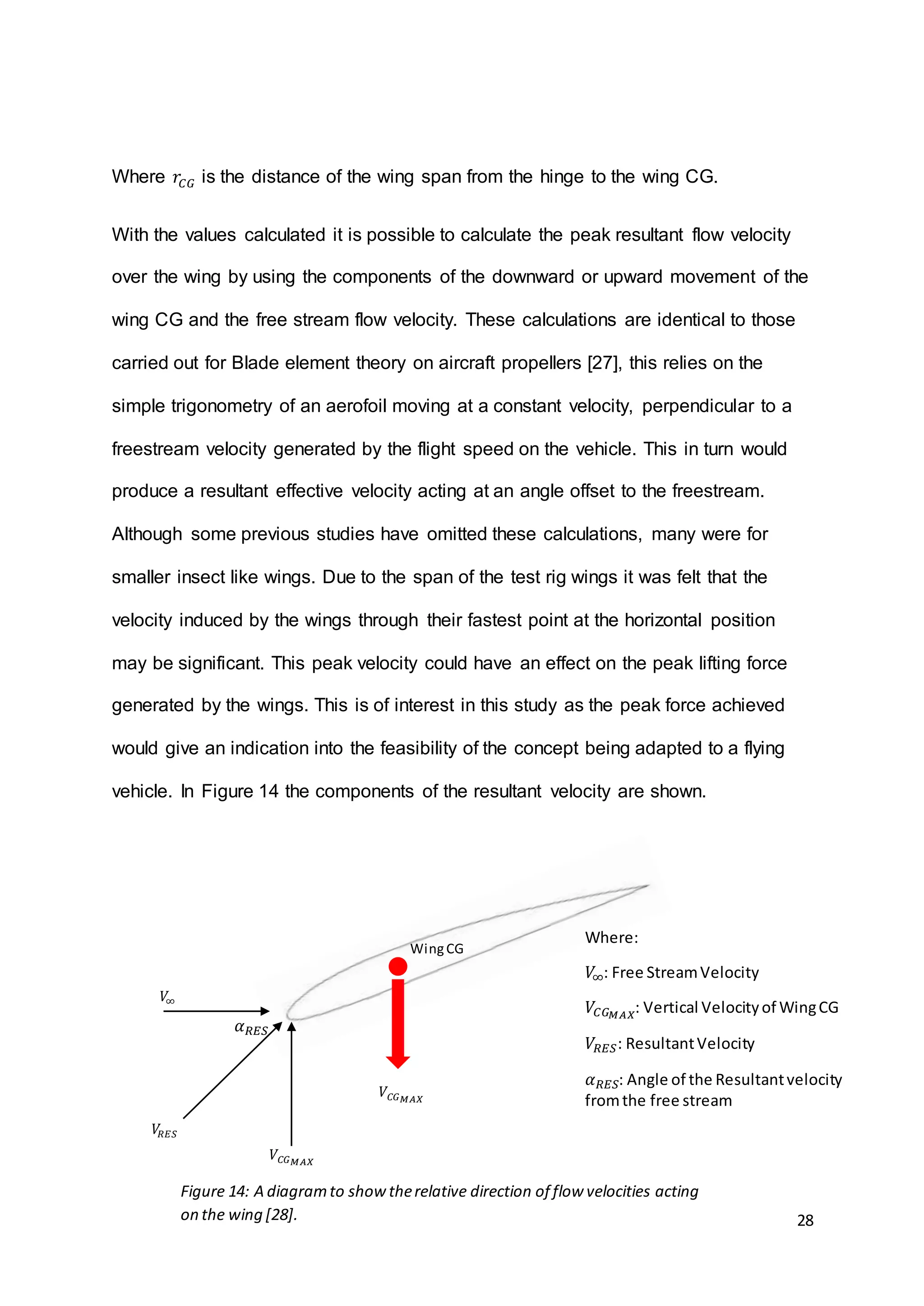 28
Where 𝑟𝐶𝐺 is the distance of the wing span from the hinge to the wing CG.
With the values calculated it is possible to calculate the peak resultant flow velocity
over the wing by using the components of the downward or upward movement of the
wing CG and the free stream flow velocity. These calculations are identical to those
carried out for Blade element theory on aircraft propellers [27], this relies on the
simple trigonometry of an aerofoil moving at a constant velocity, perpendicular to a
freestream velocity generated by the flight speed on the vehicle. This in turn would
produce a resultant effective velocity acting at an angle offset to the freestream.
Although some previous studies have omitted these calculations, many were for
smaller insect like wings. Due to the span of the test rig wings it was felt that the
velocity induced by the wings through their fastest point at the horizontal position
may be significant. This peak velocity could have an effect on the peak lifting force
generated by the wings. This is of interest in this study as the peak force achieved
would give an indication into the feasibility of the concept being adapted to a flying
vehicle. In Figure 14 the components of the resultant velocity are shown.
Figure 14: A diagramto showtherelative direction of flow velocities acting
on the wing [28].
𝑉∞
WingCG
𝑉𝐶𝐺 𝑀𝐴𝑋
𝑉𝐶𝐺 𝑀𝐴𝑋
𝑉𝑅𝐸𝑆
Where:
𝑉∞: Free StreamVelocity
𝑉𝐶𝐺 𝑀𝐴𝑋
: Vertical Velocityof WingCG
𝑉𝑅𝐸𝑆: ResultantVelocity
𝛼 𝑅𝐸𝑆: Angle of the Resultantvelocity
fromthe free stream
𝛼 𝑅𝐸𝑆
 