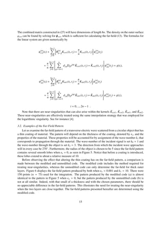 The combined matrix constructed in (27) will have dimensions of length 8n. The density on the outer surface
ϕext can be found by solving for ψext, which is suﬃcient for calculating the far-ﬁeld (13). The formulas for
the linear system are given numerically by
ψ(n)
ext(ti) +
2n−1
j=0
R(n)
|i−j|
Kext1(ti, tj) +
π
n
Kext2(ti, tj) ψ(n)
ext(tj)
+
π
n
2n−1
j=0


n
q=−n+1
dj,qDqeiqti ˜Kext1(ti, tj) + ˜Kext2(ti, tj)

 ψ(n)
int (tj) = g(ti),
ψ(n)
int (ti) +
2n−1
j=0
R(n)
|i−j|
Kint1(ti, tj) +
π
n
Kint2(ti, tj) ψ(n)
int (tj)
+
π
n
2n−1
j=0


n
q=−n+1
dj,qDqeiqti ˜Kint1(ti, tj) + ˜Kint2(ti, tj)

 ψ(n)
ext(tj) = g(ti),
i = 0, ..., 2n − 1 .
Note that there are near-singularities that can also arise within the kernels ˜Kext1, ˜Kext2, ˜Kint1, and ˜Kint2.
These near-singularities are eﬀectively treated using the same interpolation strategy that was employed for
the logarithmic singularity. See for instance [4].
3.2. Examples of the Far-Field Pattern
Let us examine the far-ﬁeld pattern of a transverse-electric wave scattered from a circular object that has
a thin coating of material. The pattern will depend on the thickness of the coating, denoted by x, and the
properties of the material. These properties will be accounted for by assignment of the wave-number k1 that
corresponds to propagation through the material. The wave-number of the incident signal is set k0 = 1 and
the wave-number through the object is set k2 = 3. The direction from which the incident wave approaches
will in every case be 270◦. Furthermore, the radius of the object is chosen to be 5 since the far-ﬁeld pattern
contains several smooth lobes when x = 0, as seen in Figure 5. Notice that before a coating is introduced,
these lobes extend to about a relative measure of 10.
Before observing the eﬀect that altering the thin coating has on the far-ﬁeld pattern, a comparison is
made between the modiﬁed and unmodiﬁed code. The modiﬁed code includes the method required for
treating near-singularities, whereas the unmodiﬁed code can only determine the far-ﬁeld for thick outer
layers. Figure 6 displays the far-ﬁeld pattern produced by both when x = 0.001 and k1 = 10. There were
150 points (n = 75) used for the integration. The pattern produced by the modiﬁed code (a) is almost
identical to the pattern in Figure 5 when x = 0, but the pattern produced by the unmodiﬁed code (b) is
not at all similar. Indeed, with that small of a thickness and with the chosen parameters, there should be
no appreciable diﬀerence in the far-ﬁeld patterns. This illustrates the need for treating the near-singularity
when the two layers are close together. The far-ﬁeld patterns presented hereafter are determined using the
modiﬁed code.
15
 