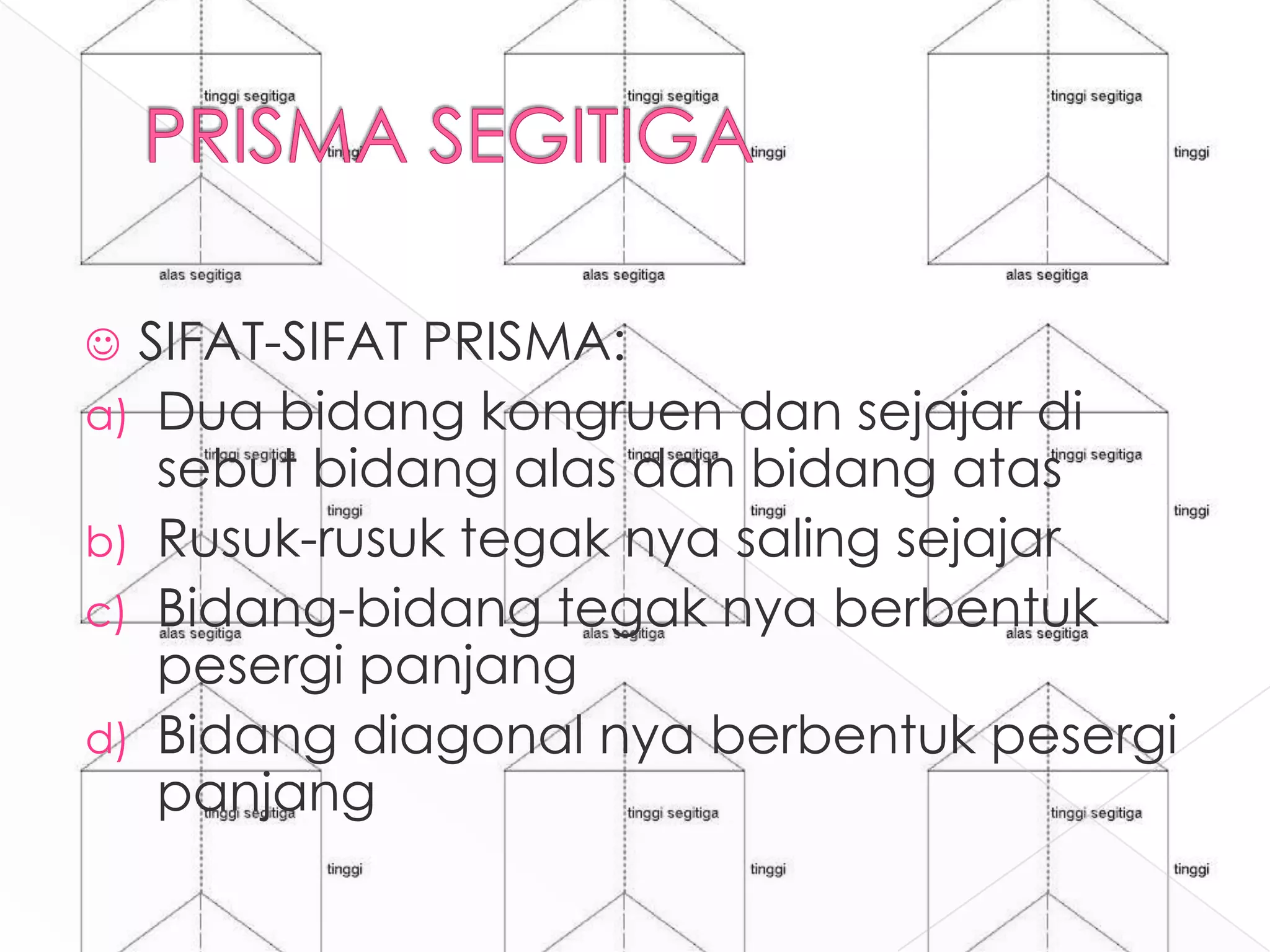  SIFAT-SIFAT PRISMA:
a) Dua bidang kongruen dan sejajar di
sebut bidang alas dan bidang atas
b) Rusuk-rusuk tegak nya saling sejajar
c) Bidang-bidang tegak nya berbentuk
pesergi panjang
d) Bidang diagonal nya berbentuk pesergi
panjang
 