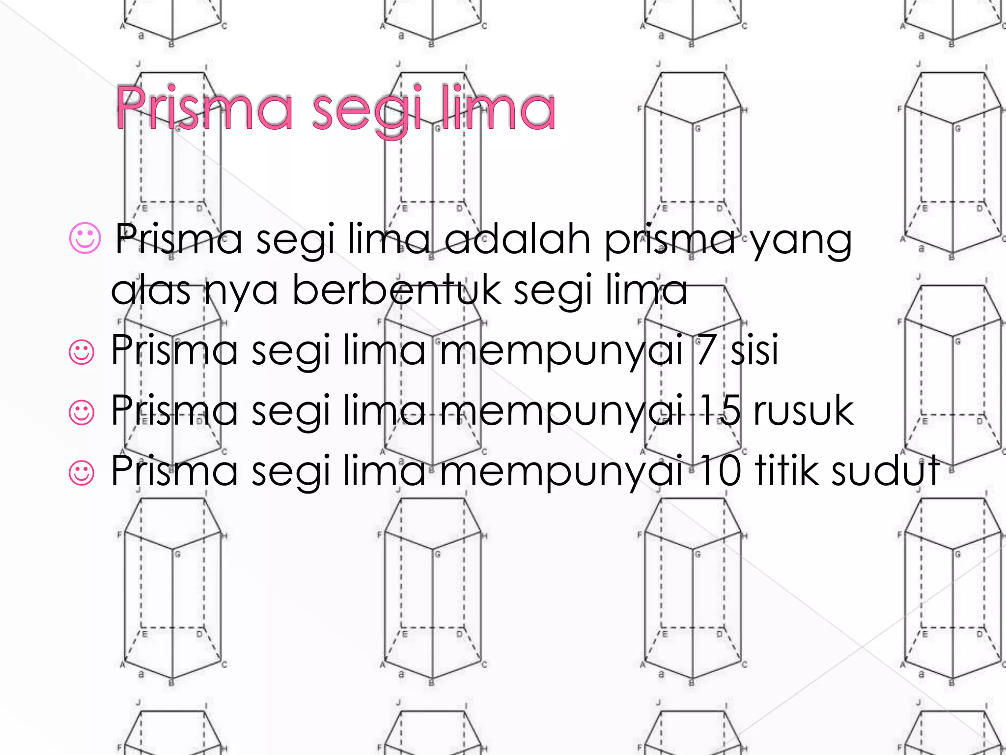  Prisma segi lima adalah prisma yang
alas nya berbentuk segi lima
 Prisma segi lima mempunyai 7 sisi
 Prisma segi lima mempunyai 15 rusuk
 Prisma segi lima mempunyai 10 titik sudut
 