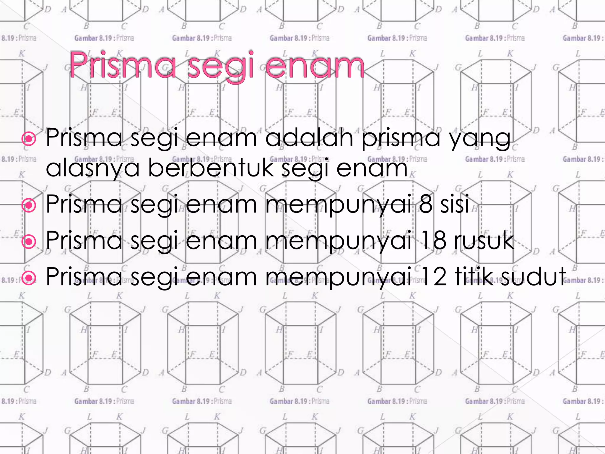  Prisma segi enam adalah prisma yang
alasnya berbentuk segi enam
 Prisma segi enam mempunyai 8 sisi
 Prisma segi enam mempunyai 18 rusuk
 Prisma segi enam mempunyai 12 titik sudut
 