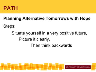 PATH
Planning Alternative Tomorrows with Hope
Steps:
Situate yourself in a very positive future,
Picture it clearly,
Then think backwards
 