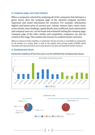 9
5, Company page: one stop solution
When a companies selected by analyzing all of the companies that belong to a
given sector, then the company page of the selected company provides
important and useful information for investors. For example: information
highest and lowest price of current year, volume, minuet chart, sector chart,
sector details, share holdings, capital details, beta coefficient, basic information
and company news etc. can be found and evaluated visiting the company page.
Company page of the other similar and competitive companies can also be
visited at this stage. This enables the investor to confirm his/her selection.
[Beta is a measure of the volatility, or systematic risk of a security or a portfolio in comparison
to the market as a whole. Beta is used in the capital asset pricing model (CAPM), which
calculates the expected return of an asset based on its beta and expected market returns.]
6, Fundamental chart:
Financial condition of last few years can be exhibited by fundamental charts.
 