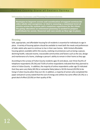 F u l t o n C o u n t y S t a t e o f S e n i o r s S u r v e y
12
Information Assistance and Planning Recommendations
Strategies to improve access and coordination of support services for
older adults and caregivers, is vital to ensuring a consistent level of
service across the system and a seamless experience for the client.
On-going education on retirement planning is needed to prepare
individuals for social, financial and care needs as they age in place.
Housing
Safe, appropriate, and affordable housing for all residents is essential for individuals to age in
place. A variety of housing options should be available to meet both the needs and preferences
of older adults who want to continue to live in their own homes. With limited affordable
housing options available within the county, evolving circumstances such as losing a spouse,
declining health, reduced income, inaccessible communities and factors such as the size, design
and maintenance of a home, challenge a person’s ability to remain in their home as they age.
According to the surveys of Fulton County residents ages 55 and above, over three-fourths of
telephone respondents (76.5%) and 73.6% of online respondents indicated that they planned to
retire in Fulton County. In addition, the majority of online respondents under age 55 indicated
that they were very likely (40.3%) or somewhat likely (about a 50-50 chance) (29.9%) to be
living in Fulton County when they turn 65. In addition, a majority of seniors who completed the
paper and pencil survey stated that the cost of energy and utilities has some effect (35.3%) or a
great deal of effect (22.6%) on their quality of life.
 