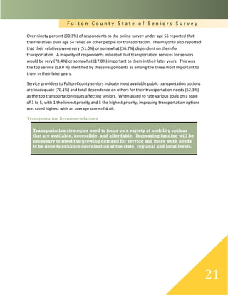 F u l t o n C o u n t y S t a t e o f S e n i o r s S u r v e y
21
Over ninety percent (90.3%) of respondents to the online survey under age 55 reported that
their relatives over age 54 relied on other people for transportation. The majority also reported
that their relatives were very (51.0%) or somewhat (36.7%) dependent on them for
transportation. A majority of respondents indicated that transportation services for seniors
would be very (78.4%) or somewhat (17.0%) important to them in their later years. This was
the top service (53.0 %) identified by these respondents as among the three most important to
them in their later years.
Service providers to Fulton County seniors indicate most available public transportation options
are inadequate (70.1%) and total dependence on others for their transportation needs (62.3%)
as the top transportation issues affecting seniors. When asked to rate various goals on a scale
of 1 to 5, with 1 the lowest priority and 5 the highest priority, improving transportation options
was rated highest with an average score of 4.46.
Transportation Recommendations
Transportation strategies need to focus on a variety of mobility options
that are available, accessible, and affordable. Increasing funding will be
necessary to meet the growing demand for service and more work needs
to be done to enhance coordination at the state, regional and local levels.
 