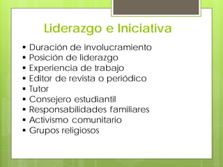 Liderazgo e Iniciativa
 Duración de involucramiento
 Posición de liderazgo
 Experiencia de trabajo
 Editor de revista o periódico
 Tutor
 Consejero estudiantil
 Responsabilidades familiares
 Activismo comunitario
 Grupos religiosos
 