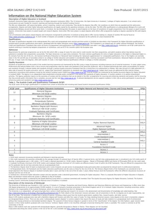 Information on the National Higher Education System
Description of Higher Education in Scotland
Scotland's distinctive higher education system has 20 higher education institutions (HEIs). The 14 Universities, the Open University in Scotland, 2 colleges of higher education, 2 art schools and a
conservatoire are part-funded for research, teaching and learning through the Scottish Funding Council.
The HEIs are independent, self-governing bodies, active in teaching, research and scholarship. They decide the degrees they offer; the conditions on which they are awarded and the admissions
arrangements. Degrees and other higher education qualifications are legally owned by the awarding institution, not by the state. The HEIs offer qualifications at undergraduate (Bologna first cycle) and
postgraduate (Bologna second and third cycle) levels. In Scotland, the law distinguishes the power to award degrees on the basis of completion of taught programmes from the power to award research
degrees. Universities have powers to award taught and research degrees. Some other HEIs have powers to award degrees while others offer programmes leading to degrees awarded by HEIs with degree
powers.
Lists of institutions with powers toward degrees and institutions recognised by authorities in Scotland as being able to offer courses leading to a degree of another HEI may be found at
(http://www.univsities-scotland.ac.uk). A small number of degrees are available in colleges of further education by the authority of a duly empowered HEI.
Qualifications
The types of qualification awarded at the undergraduate (first cycle) and postgraduate level (second and third cycles) in Scotland are described in the Framework for Higher Education qualifications in
Scotland which includes qualifications descriptors, developed with the higher education sector (http://www.qaa.ac.uk). The Framework is an integral part of a wider national framework: the Scottish
Credit and Qualifications Framework that covers all forms of programmes and qualifications from School to Doctorates (see table 1 and http://www.scqf.org.uk). Institutions use SCQF credit points for
students entering or transferring between programmes or institutions, and use ECTS for transfers within the European area.
Admission
Requirements for particular programmes are set by the HEIs which offer a range of routes for entry and/or credit transfer into their programmes, and admit students whom they believe have the
potential to complete their programmes successfully. The Open University is an open entry institution. The most common qualification for entry to higher education is the Higher or Advanced Higher or,
for entrants from the rest of the U.K., the General Certificate of Education at 'Advanced' level (including the "advanced supplementary") or comparable qualifications. Four or five Highers are normally
taken in the 5th and 6th year of secondary school or at college or further education and studied in considerable depth, involving coursework and final examinations. Advanced Highers are taken in the
6th year. A major route into Degrees, often with transfer of credit, is the higher National Qualifications offered in colleges or further education.
Quality Assurance
Standards of qualification and the quality of the student learning experience are maintained by the HEIs using a range of processes including extensive use of external examiners. In some subject areas,
Professional and Statuary Bodies have a role to ensure that programmes meet the needs and standards of the particular profession. HEIs in Scotland demonstrate their public accountability for quality
and standards through a national quality and standards through a national quality assurance framework that has a strong focus on enhancement as follows: HEIs take account of a QAA published U.K.-
wide code of practice for quality assurance, and U.K. subject level 'benchmark' statements on standards (see http://www.qaa.ac.uk). Subject level issues are addressed by HEIs internal reviews
conducted in accordance with guidance issued by the Scottish Funding Council (SHEFC)(see http://www.scf.ac.uk). External reviews are conducted by the Quality Assurance Agency for Higher Education
in Scotland (QAA). The Agency is an independent body established to provide public confidence in the quality and standards of higher education. It involves students in its quality enhancement
activities. The Agency publishes reports on the outcomes of reviews and the confidence that can be placed in the HEIs' arrangements for assuring and enhancing standards and quality, and for ensuring
that they provide public information that is complete, accurate and fair (see http://www.qaa.ac.uk). A national development service supports students in their role as active participants in assuring and
enhancing quality and standards (see http://www.sparqs.org.uk).
Table 1: The Scottish Credit and Qualifications Framework (SCQF)
The SCQF covers all the major qualifications in Scotland from school to Doctorate and including work based Scottish Vocational Qualifications (SVQs)
SCQF Level Qualifications of Higher Education Institutions SQA Higher National and National Units, Courses and Group Awards SVQs
12
Doctoral Degrees
(Minimum 540 SCQF credits)
- -
11
Masters Degrees
(Minimum 180 SCQF credits)
Postgraduate Diploma
(Minimum 120 SCQF credits)
- SVQ 5
10
Bachelors Degree with Honours
(Minimum 480 SCQF credits)
Graduate Diplomas and Certificates
- -
9
Bachelors Degree
(Minimum 36- SCQF credit)
Graduate Diplomas and Certificates
- -
8
Diploma of Higher Education
(Minimum 240 SCQF credits)
Higher National Diploma SVQ 4
7
Certificate of Higher Education
(Minimum 120 SCQF credits)
Advanced Higher
Higher National Certificate
-
6 - Higher SVQ 3
5 -
Intermediate 2
Credit Standard Grade
SVQ 2
4 -
Intermediate 1
General Standard Grade
SVQ 1
3 -
Access 3
Foundation Standard Grade
-
2 - Access 2 -
1 - Access 1 -
Notes
1. SCQF levels represent increasing complexity and demand in learning outcome.
2. One credit represents the outcomes achievable by the average through 10 notional hours of learner effort. In general terms, one full-time undergraduate year is considered to be 120 credits worth of
learning. A postgraduate year is 180 credits. 1 ECTS credit is deemed equivalent to 2 SCQF credits. Research degrees - Master of Philosophy (MPhil) and Doctor of Philosophy (PhD) are not credit rated.
3. Graduate Certificates (minimum of 60 SCQF credits) and Graduate Diplomas (minimum of 120 credits) are offered at levels 9 and 10 within the SCQF framework. They are offered for programmes that
are for graduates but do not have outcomes that are at postgraduate level.
4. The Bachelors Degree (level 9) leads to employment and in some instances can give access to postgraduate study particularly when accompanied by relevant work or professional experience.
5. At Postgraduate levels, the framework and the higher education qualifications are the same as those for the rest of the UK. The Honours Degree levels of the frameworks are considered to be in
broad alignment (the Honours Degree in Scotland normally takes 4 years and that in the rest of the UK takes 3 years). Below Honours level the frameworks reflect the different educational structures of
Scotland and the rest of the UK.
6. Scotland has a distinctive higher education system and also operates under a devolved government, including for higher education. There is a separate Description of Higher Education in England,
Wales and Northern Ireland where the system is different to that of Scotland.
7. This national description is endorsed by the Quality Working Group which is a national committee with members from The Quality Assurance Agency for Higher Education, Scotland; The Scottish
Funding Council; Universities Scotland and the National Union of Students in Scotland.
Description of the University of Edinburgh
The University of Edinburgh was founded in 1583, and has 22 Schools in 3 Colleges: Humanities and Social Science, Medicine and Veterinary Medicine and Science and Engineering. It offers more than
300 degree programmes to its approximately 29,000 students. It is one of around a hundred universities in the United Kingdom and of 14 in Scotland. Higher Education, including universities, within
Scotland is the responsibility of the Scottish Parliament, which has powers devolved from the U.K. Parliament.
The University is an independent, self-governing body that is active in both teaching and research. Its mission is the advancement and dissemination of knowledge and understanding. (See
http://www.planning.ed.ac.uk/Strategic_Planning/MissionStatement.htm for fuller details of the University's mission and plan). Like all universities in the UK, its degrees are its own responsibility, not
that of the State. The University is funded from a variety of sources, including a block grant from the Scottish government, academic fees, research grants, and other sources.
About 4,500 students graduate every year with a Bachelors degree with honours and after four-years of study. For long-standing historical reasons, many degrees at this level in humanities subjects
are designated Master of Arts. There are also some "undergraduate masters degrees" in science subjects that require five years of study and take students to a postgraduate level of achievement
without their having achieved an intermediate bachelors degree. The outcome of these honours degrees is quoted in terms of the "classification" of the degree: first (the highest), upper second, lower
second, or third. Some students graduate with a non-honours "ordinary" degree. which is not classified, although a transcript showing their marks is available. This system is common to all the
universities in the UK.
About 2,000 students each year graduate with postgraduate degrees, generally designated as Master or Doctor. These degrees are not classified.
A document describing the similar systems in the rest of the UK is also available (see http://www.uknec.org.uk/documents/ds_description.pdf).
AÍDA SALINAS LÓPEZ S1421449 Date Produced: 10/07/2015
 