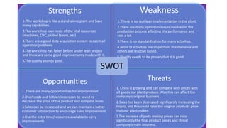 Strengths
1. The workshop is like a stand-alone plant and have
many capabilities.
2.The workshop own most of the vital resources
(machines, CNC, skilled labors..etc)
3.There are a good data acquisition system to catch all
operation problems.
4.The workshop has fallen before under lean project
and there are some good improvements made with it.
5.The quality sounds good.
Weakness
1. There is no real lean implementation in the plant.
2.There are many operation losses involved in the
production process affecting the performance and
cost a lot.
3.There is no standardization for many activities.
4.Most of activities like inspection, maintenance and
others are reactive based.
5.Quality needs to be proven that it is good.
Opportunities
1. There are many opportunities for improvement.
2.Overheads and hidden losses can be saved to
decrease the price of the product and compete more.
3.Sales can be increased and we can maintain a better
customer satisfaction to encourage sales improvement.
4.Use the extra time/resources available to carry
improvements.
Threats
1. China is growing and can compete with prices with
all goods our plant produce. Also this can affect the
company’s original business .
2.Sales has been decreased significantly increasing the
losses, and this could raise the original products price
that our plant makes.
3.The increase of parts making prices can raise
significantly the final product prices and threat
company’s main business.
SWOT
 