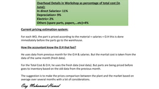 Overhead Details in Workshop as percentage of total cost (in
June):
In direct Salaries= 11%
Depreciation= 9%
Electric= 2%
Others (spare parts, papers,…etc)=4%
Current pricing estimation system:
For each WO, the part is priced according to the material + salaries + O.H this is done
immediately before the parts go to the warehouse.
How the accountant know the O.H that fast?
He uses data from previous month for the O.H & salaries. But the martial cost is taken from the
data of the same month (fresh data).
For the Total Cost & O.H, he uses the fresh data (real data). But parts are being priced before
goes to inventory based on the old data from the previous month.
The suggestion is to make the prices comparison between the plant and the market based on
average over several months with a lot of considerations.
Eng. Mohammed Hamed
 