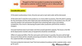 •If the plant could produce more, the price per part or per work order will be decreased.
•If the plant don’t need the more product or no more orders to process, then the plant is paying
for the overheads and the other fixed costs then distributing them on the product cost, this will
raise the product cost and prevent the plant from achieving lower prices and making
competition, thus result in decreasing the plant order (customers will find the market is
cheaper).
•Unused machines have much lower cost than unused operators capacity. The losses is the ROI
& the depreciation (market value of equipments should be considered).
•Effect of unplanned WOs, if for the same parts and increase in quantity, the price will be high
because the there will be a double processing somewhere. Matter of fact is that we have 24% of
the unplanned WOs are topping ones.
•Increase production demand, how? find more product to produce at the customer order., never
go for push!.
Considerable points:
The goal is to find more product to produce by increasing the
sales (pull as customer need) at minimum cost or reduce price per
current units.
Eng. Mohammed Hamed
 