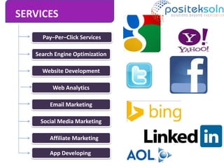 SERVICES
Pay–Per–Click Services
Search Engine Optimization
Website Development
Web Analytics
Email Marketing
Social Media Marketing
Affiliate Marketing
App Developing
 