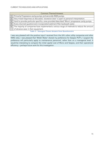 CURRENT TECHNOLOGIES AND APPLICATIONS
15
Common Themed Answers
1. Primarily Progressive cavity pumps and secondly RAM pumps.
2. Very mixed responses as discussed, ‘excessive wear’ is open to personal interpretation.
3. Hard to provide particular specifics, ones provided described ‘Mono’ progressive cavity pumps.
4. Every returned questionnaire incorporated sediment filter backwash-water.
5. The majority of companies have implemented a various range of methods to reduce the amount
of abrasive wear in their equipment.
Table 3 - Strongest Theme Answers from Questionnaire
I was very pleased with the positive input I received from the UK’s other utility companies and other
NWG sites. I was pleased that ‘Welsh Water’ shared my preference for Seepex PCP’s. I suspect the
preference will particularly apply to maintenance personnel, rather than on a managerial level. It
would be interesting to compare the initial capital cost of Mono and Seepex, and their operational
efficiency – perhaps future work for this investigation.
 