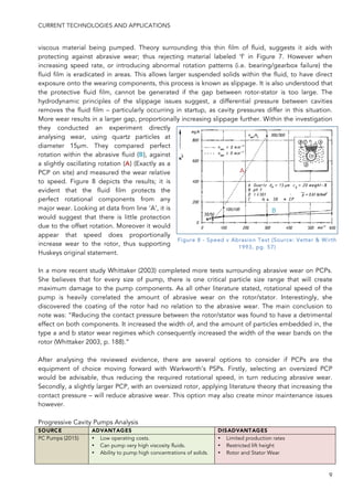 CURRENT TECHNOLOGIES AND APPLICATIONS
9
viscous material being pumped. Theory surrounding this thin film of fluid, suggests it aids with
protecting against abrasive wear; thus rejecting material labeled ‘f’ in Figure 7. However when
increasing speed rate, or introducing abnormal rotation patterns (i.e. bearing/gearbox failure) the
fluid film is eradicated in areas. This allows larger suspended solids within the fluid, to have direct
exposure onto the wearing components, this process is known as slippage. It is also understood that
the protective fluid film, cannot be generated if the gap between rotor-stator is too large. The
hydrodynamic principles of the slippage issues suggest, a differential pressure between cavities
removes the fluid film – particularly occurring in startup, as cavity pressures differ in this situation.
More wear results in a larger gap, proportionally increasing slippage further. Within the investigation
they conducted an experiment directly
analysing wear, using quartz particles at
diameter 15μm. They compared perfect
rotation within the abrasive fluid (B), against
a slightly oscillating rotation (A) (Exactly as a
PCP on site) and measured the wear relative
to speed. Figure 8 depicts the results; it is
evident that the fluid film protects the
perfect rotational components from any
major wear. Looking at data from line ‘A’, it is
would suggest that there is little protection
due to the offset rotation. Moreover it would
appear that speed does proportionally
increase wear to the rotor, thus supporting
Huskeys original statement.
In a more recent study Whittaker (2003) completed more tests surrounding abrasive wear on PCPs.
She believes that for every size of pump, there is one critical particle size range that will create
maximum damage to the pump components. As all other literature stated, rotational speed of the
pump is heavily correlated the amount of abrasive wear on the rotor/stator. Interestingly, she
discovered the coating of the rotor had no relation to the abrasive wear. The main conclusion to
note was: “Reducing the contact pressure between the rotor/stator was found to have a detrimental
effect on both components. It increased the width of, and the amount of particles embedded in, the
type a and b stator wear regimes which consequently increased the width of the wear bands on the
rotor (Whittaker 2003, p. 188).”
After analysing the reviewed evidence, there are several options to consider if PCPs are the
equipment of choice moving forward with Warkworth’s PSPs. Firstly, selecting an oversized PCP
would be advisable, thus reducing the required rotational speed, in turn reducing abrasive wear.
Secondly, a slightly larger PCP, with an oversized rotor, applying literature theory that increasing the
contact pressure – will reduce abrasive wear. This option may also create minor maintenance issues
however.
Progressive Cavity Pumps Analysis
SOURCE ADVANTAGES DISADVANTAGES
PC Pumps (2015) • Low operating costs.
• Can pump very high viscosity fluids.
• Ability to pump high concentrations of solids.
• Limited production rates
• Restricted lift height
• Rotor and Stator Wear
Figure 8 - Speed v Abrasion Test (Source: Vetter & Wirth
1993, pg. 57)
A
B
 