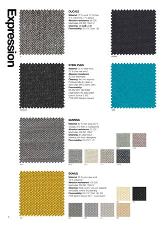 4
Expression
SUNNIVA
Material: 62 % new wool, 25 %
viscose, 8 % linen, 5 % polyamid
Abrasion resistance: 50.000
Martindale, EN ISO 12947
Cleaning: dry cleaning or
cleaning?with foam detergents
Flammability: EN 1021-1/2
BONUS
Material: 85 % pure new wool,
15 % polyamid
Abrasion resistance: 100.000
Martindale?, EN ISO 12947-2
Cleaning: fixed covers: vacuum regularly,
removable covers: dry cleaning
Flammability: EN 1021 Part 1&2 BS
7176 Ignition Source 0&1 C Low Hazard
STING PLUS
Material: 25 % nettle fibre,
75 % pure new wool
Abrasion resistance:
50.000 Martindale
Cleaning: Vacuum regularly.
Professionally dry clean or
wipe clean with a damp cloth.
Flammability:
BS EN 1021-1&2:2006
(cig&match), BS 5852:2006
Ignition Source 5, BS
7176:2007 Medium Hazard
975
20
811
23
717
24
1079
143
30
467
33 13
674
50
OWW04
9
625
60999
DUCALE
Material: 75 % wool, 10 % linen,
8 % polyamide, 7 % alpaca
Abrasion resistance: 86.000
Martindale?, EN ISO 12947-2
Cleaning:
Flammability: EN 1021 part 1&2
 