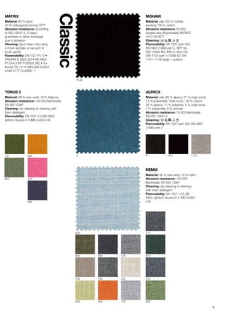 5
Classic
TONUS 3
Material: 90 % new wool, 10 % helanca
Abrasion resistance: >50.000 Martindale,
EN ISO 12947
Cleaning: dry cleaning or cleaning?with
foam detergent
Flammability: EN 1021-1/2 BS 5852,
Ignition Source 2-3 IMO A.652 (16)
690
940
131 605
127
MATRIX
Material: 60 % wool,
40 % redesigned?Lenzing FR?
Abrasion resistance: according?
to ISO 12947-2, 5-years
guarantee?on fabric breakage
due to abrasion
Cleaning: Spot-clean only using
a moist sponge, or vacuum or
brush gently
Flammability: EN 1021 P1+2 ?
?NORM B 3825, B1 ? BS 5852
P1 Crib 5 NF P 92503, M2 ? Ca-
lifornia TB 117 ? FAR/JAR 25.853
? UNI 9177 CLASSE: 1
REMIX
Material: 90 % new wool, 10 % nylon
Abrasion resistance: 100.000
Martindale?, EN ISO 12947
Cleaning: dry cleaning or cleaning
with foam detergent
Flammability: EN 1021- 1/2, BS
5852, Ignition Source 2-3, IMO A.652
(16)
173823
973
753
933
953
233
923
383
163
543
133
223
123
7248
117 601 1107
MOHAIR
Material: pile 100 % mohair;
backing 100 % cotton
Abrasion resistance: 60.000
double rubs (Wyzenbeek) ASTM D
4157-02/ACT
Cleaning:
Flammability: EN 1021 part 1&2,
BS 5867 (1980) part 2, NFP 92-
503 (1995) M4, IMO A. 652 (16),
DIN 4102 part 1 (1998) B2, EN
1101 / 1102 edge + surface
ALPACA
Material: pile: 60 % alpaca, 27 % virgin wool,
13 % polyamide; Total comp.: 39 % cotton,
28 % alpaca, 11 % polyester, 9 % virgin wool,
7 % polyamide, 6 % viscose
Abrasion resistance: 70.000 Martindale,
EN ISO 12947-2
Cleaning:
Flammability: EN 1021 part 1&2, BS 5867
(1980) part 2
 