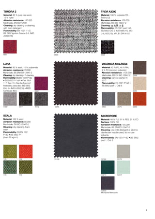 7
SCALA
Material: 100 % wool
Abrasion resistance: 50.000
Martindale, EN ISO 12947-2
Cleaning: dry cleaning, foam
wash
Flammability: SS EN 1021
P1&2 ? BS 5852 P1
(foam 30 kg/m3)
MICROPORE
Material: 48 % PU, 31 % PES, 21 % CO
Surface: 100% PU
Abrasion resistance: >50.000
Martindale?, BS EN ISO 12947-2
Cleaning: Use mild detergent or alcohol,
disinfectant may be used, do not use
solvents.
Flammability: EN 1021 P1&2 ? BS 5852
part 1, Crib 5
135 1016410168
3503 3623
10213
10503
Micropore Metropolis
10217
10170
176
158
175
TUNDRA 2
Material: 85 % pure new wool,
15 % nylon
Abrasion resistance: 100.000
Martindale, EN ISO 12947
Cleaning: dry cleaning or cleaning
with foam detergent
Flammability: EN 1021 C 1/2,
BS 5852 Ignition Source 2-3, IMO
A.652 (16)
658
DINAMICA MELANGE
Material: 43 % PE, 48 % MA,
9 % PU (recycled polyester)
Abrasion resistance: >100.000
Martindale, BS EN ISO 12947-2
Cleaning: can be washed in
60C
Flammability: EN 1021 P1&2 ?
BS 5852 part 1, Crib 5
LUNA
Material: 90 % wool, 10 % polyamide
Abrasion resistance: 70.000
Martindale, BS EN ISO 12947-2
Cleaning: dry cleaning C P-cleaning
Flammability: BS EN 1021 P1&2
? BS 5852 P1 0&1 ? Calif. Bull.
117, Sec. E ? Can be fireproof
treated to pass also: BS 5852
Crib 5 ? IMO A.652(16) ? MED
Certificate IMO
4009 4011 4012
4502
2855 2575 2255
2055
2595
2955
TREVI A3000
Material: 100 % polyester FR -
Trevira CS
Abrasion resistance: 100.000
Martindale, EN ISO 12947-2
Cleaning:
Flammability: EN 1021 part 1&2,
BS 5852 Crib 5, IMO 688 (17), 563
(14), 653 (16), M1, B1 DIN 4102
 