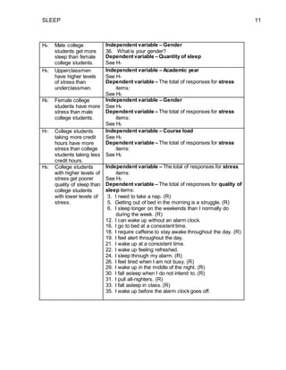 SLEEP 11
H4: Male college
students get more
sleep than female
college students.
Independent variable – Gender
36. What is your gender?
Dependent variable – Quantity of sleep
See H1
H5: Upperclassmen
have higher levels
of stress than
underclassmen.
Independent variable – Academic year
See H1
Dependent variable – The total of responses for stress
items:
See H2
H6: Female college
students have more
stress than male
college students.
Independent variable – Gender
See H4
Dependent variable – The total of responses for stress
items:
See H2
H7: College students
taking more credit
hours have more
stress than college
students taking less
credit hours.
Independent variable – Course load
See H3
Dependent variable – The total of responses for stress
items:
See H2
H8: College students
with higher levels of
stress get poorer
quality of sleep than
college students
with lower levels of
stress.
Independent variable – The total of responses for stress
items:
See H2
Dependent variable – The total of responses for quality of
sleep items:
3. I need to take a nap. (R)
5. Getting out of bed in the morning is a struggle. (R)
6. I sleep longer on the weekends than I normally do
during the week. (R)
12. I can wake up without an alarm clock.
16. I go to bed at a consistent time.
18. I require caffeine to stay awake throughout the day. (R)
19. I feel alert throughout the day.
21. I wake up at a consistent time.
22. I wake up feeling refreshed.
24. I sleep through my alarm. (R)
26. I feel tired when I am not busy. (R)
29. I wake up in the middle of the night. (R)
30. I fall asleep when I do not intend to. (R)
31. I pull all-nighters. (R)
33. I fall asleep in class. (R)
35. I wake up before the alarm clock goes off.
 