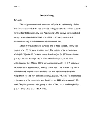 SLEEP 12
Methodology
Subjects
This study was conducted on campus at Spring Arbor University. Before
this survey was distributed it was reviewed and approved by the Human Subjects
Review Board at the university (see Appendix A2). The surveys were distributed
through a sampling of convenience in the library, dinning commons and
residential housing at different times and on different days.
A total of 69 subjects were surveyed and of those subjects, 34.8% were
male (n = 24), 65.2% were female (n = 45). The majority of the subjects were
White (82.5%) while 12.7% were African American (n = 8), 3.2% were Hispanic
(n = 2), 1.6% was Asian (n = 1). In terms of academic year, 39.7% were
underclassman (n = 27) and 60.3% were upperclassman (n = 41). A majority of
the respondents reported taking a heavy course load (70.2%) while only 29.8%
reported taking a lighter course load (29.8%). The ages of the participants
ranged from 18 – 23, with an mean age of 20.250 (s.d. = 1.164). The mean grade
point average of the participants was 3.406 (s.d = 0.444), with a range of 2.10 -
4.00. The participants reported getting a mean of 6.601 hours of sleep per day
(s.d. = 1.057) with a range of 2.7 - 8.09.
 
