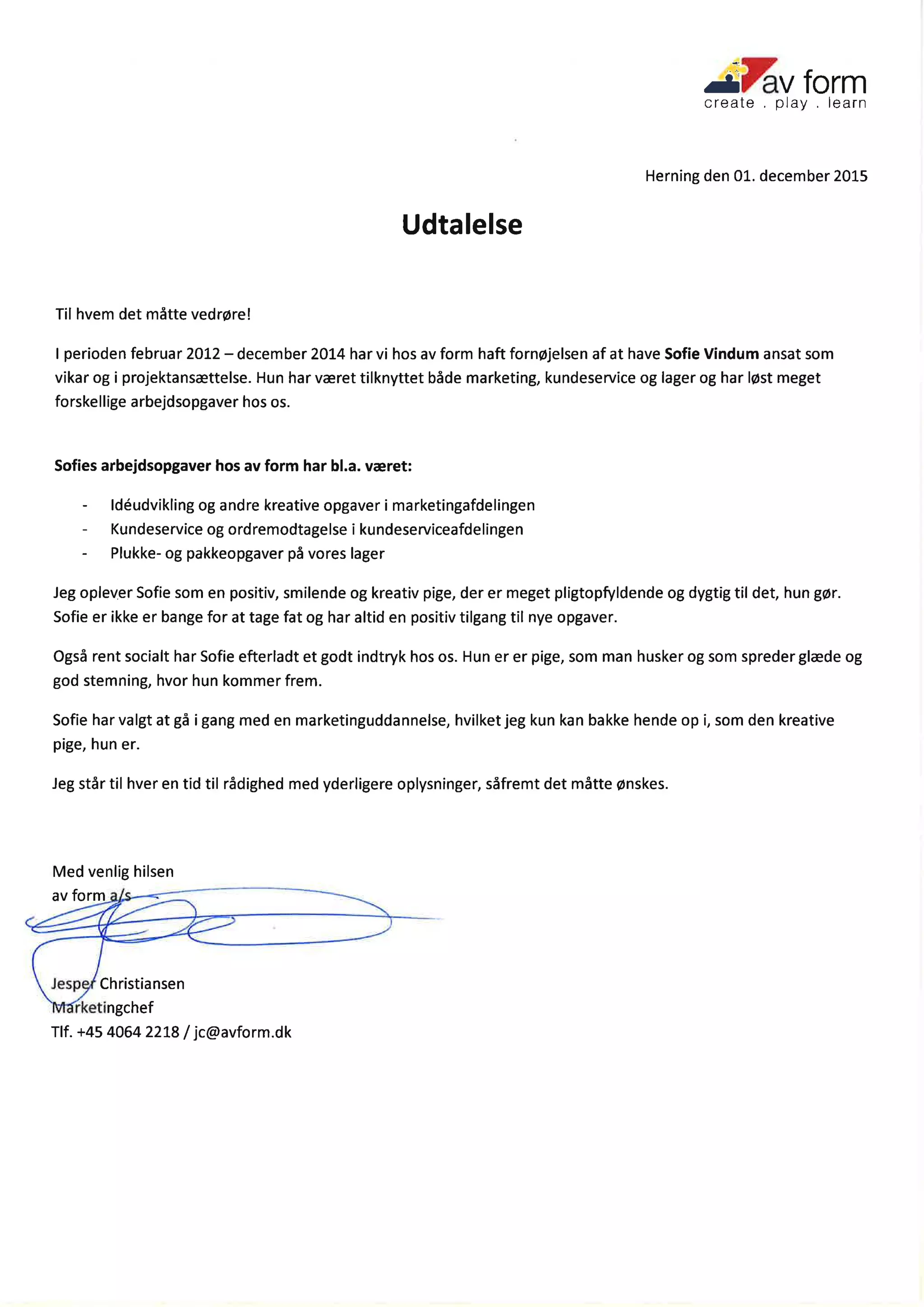 Udtalelse Sofie Vindum av form | PDF