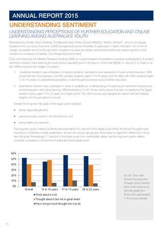 16 	
ANNUAL REPORT 2015
Developed by Charles Sturt University, the Massive Open Online Course (MOOC), “What’s UNI like?”, aims to encourage
students from Low Socio Economic (LSES) backgrounds across Australia, to participate in higher education. It is a free of
charge, accessible resource through which students can build pre-tertiary achievement levels and explore aspects of the
transition to University in a flexible, non-threatening environment.
CSU commissioned the Western Research Institute (WRI) to conduct research to establish a baseline understanding of student
sentiment towards online learning and post school education prior to the launch of the new MOOC in July 2015. In order to do
this, WRI conducted two stages of research.
1.	 Qualitative research was undertaken to explore students’ perceptions and awareness of post school education. WRI
conducted two focus groups, one with younger students (aged 14 to16 years) and the other with older students (aged
17 to 18 years), to understand perceptions of and thought processes around further education.
2.	 Quantitative research was undertaken in order to establish an understanding of student/youth sentiment towards post
school education and online learning. WRI developed a 15-20 minute online survey that was completed by the target
research group aged 14 to 22 years (the target youth). The online survey was designed to deliver valid and reliable
insights into the perceptions of youth.
Overall, the long-term life goals of the target youth included:
•	 being happy (96 percent);
•	 earning enough money to live (94 percent); and
•	 being healthy (94 percent).
The long term goal to attend university was important to 61 percent of the target youth whilst 36 percent thought it was
important to undertake a trade qualification. Across the various age groups, there were no significant differences in long-
term life goals. Interestingly, 71 percent of the target youth from metropolitan areas had the long-term goal to attend
university compared to 52 percent of regionally based target youth.
At Left: This chart
shows the proportion
of target youth thinking
about their future long
term life goals from
those who participated
in the survey sample.
UNDERSTANDING SENTIMENT
UNDERSTANDING PERCEPTIONS OF FURTHER EDUCATION AND ONLINE
LEARNING AMONG AUSTRALIA’S YOUTH
ORA
 