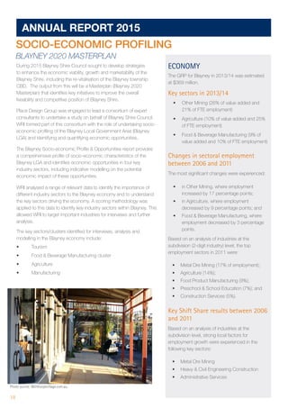18 	
ANNUAL REPORT 2015
SOCIO-ECONOMIC PROFILING
BLAYNEY 2020 MASTERPLAN
During 2015 Blayney Shire Council sought to develop strategies
to enhance the economic viability, growth and marketability of the
Blayney Shire, including the re-vitalisation of the Blayney township
CBD. The output from this will be a Masterplan (Blayney 2020
Masterplan) that identifies key initiatives to improve the overall
liveability and competitive position of Blayney Shire.
Place Design Group was engaged to lead a consortium of expert
consultants to undertake a study on behalf of Blayney Shire Council.
WRI formed part of this consortium with the role of undertaking socio-
economic profiling of the Blayney Local Government Area (Blayney
LGA) and identifying and quantifying economic opportunities.
The Blayney Socio-economic Profile  Opportunities report provides
a comprehensive profile of socio-economic characteristics of the
Blayney LGA and identifies economic opportunities in four key
industry sectors, including indicative modelling on the potential
economic impact of these opportunities.
WRI analysed a range of relevant data to identify the importance of
different industry sectors to the Blayney economy and to understand
the key sectors driving the economy. A scoring methodology was
applied to this data to identify key industry sectors within Blayney. This
allowed WRI to target important industries for interviews and further
analysis.
The key sectors/clusters identified for interviews, analysis and
modelling in the Blayney economy include:
•	 Tourism
•	 Food  Beverage Manufacturing cluster
•	 Agriculture
•	 Manufacturing
Wagga Wagga
Greater Bendigo
Orange
ECONOMY
The GRP for Blayney in 2013/14 was estimated
at $369 million.
Key sectors in 2013/14
•	 Other Mining (26% of value added and
21% of FTE employment)
•	 Agriculture (10% of value added and 25%
of FTE employment)
•	 Food  Beverage Manufacturing (9% of
value added and 10% of FTE employment)
Changes in sectoral employment
between 2006 and 2011
The most significant changes were experienced:
•	 in Other Mining, where employment
increased by 17 percentage points;
•	 in Agriculture, where employment
decreased by 9 percentage points; and
•	 Food  Beverage Manufacturing, where
employment decreased by 3 percentage
points.
Based on an analysis of industries at the
subdivision (2-digit industry) level, the top
employment sectors in 2011 were:
•	 Metal Ore Mining (17% of employment);
•	 Agriculture (14%);
•	 Food Product Manufacturing (9%);
•	 Preschool  School Education (7%); and
•	 Construction Services (5%).
Key Shift Share results between 2006
and 2011
Based on an analysis of industries at the
subdivision level, strong local factors for
employment growth were experienced in the
following key sectors:
•	 Metal Ore Mining
•	 Heavy  Civil Engineering Construction
•	 Administrative Services
Photo source: Millthorpevillage.com.au
 