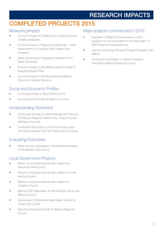 21
RESEARCH IMPACTS
COMPLETED PROJECTS 2015
Measuring Impact
•	 Economic Impact of Charles Sturt University (across
multiple campuses)
•	 Economic Impact of Regional Conferences - model
development in conjunction with Charles Sturt
University
•	 Water Consumption Regression Analysis for The
Water Directorate
•	 Economic Impact of the HEART project for Shire of
Augusta Margaret River
•	 Economic Impact of the Murray Darling Medical
School for Cultivate Solutions
Social and Economic Profiles
•	 Community Profile for Bland Shire Council
•	 Socio-Economic Profile for Cabonne Council
Understanding Sentiment
•	 Community Surveys on Waste Management Services
for Bathurst Regional, Parkes Shire, Dubbo City and
Wellington Councils
•	 Understand Perceptions of Post School Education
Amongst Australia’s Youth for Charles Sturt University
Evaluating Outcomes
•	 Water Services Association of Australia Data Analysis
for Shoalhaven City Council
Local Government Projects
•	 Report on proposed special rates variation for
Narromine Shire Council
•	 Report on proposed special rates variation for Coffs
Harbour Council
•	 Report on proposed special rates variation for
Singleton Council
•	 Blayney 2020 Masterplan for Place Design Group and
Blayney Council
•	 Assessment of Residential Water Meter Sample for
Dubbo City Council
•	 Manufacturing Sector Study for Bathurst Regional
Council
Major projects commenced in 2015
•	 Evaluation of Regional Conservatorium music
programs for school students for the Association of
NSW Regional Conservatoriums
•	 Low Income Energy Efficiency Program Evaluation with
Skillset
•	 Community Consultation on Effluent Diversion
Proposal for Bathurst Regional Council
 