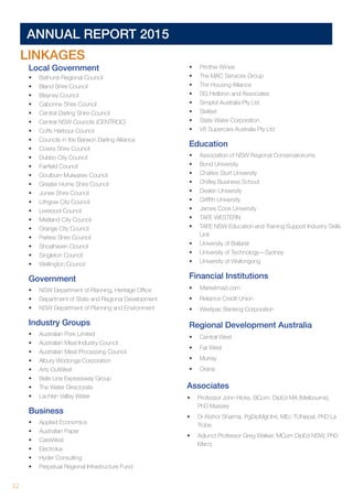 22 	
Local Government
•	 Bathurst Regional Council
•	 Bland Shire Council
•	 Blayney Council
•	 Cabonne Shire Council
•	 Central Darling Shire Council
•	 Central NSW Councils (CENTROC)
•	 Coffs Harbour Council
•	 Councils in the Barwon Darling Alliance
•	 Cowra Shire Council
•	 Dubbo City Council
•	 Fairfield Council
•	 Goulburn Mulwaree Council
•	 Greater Hume Shire Council
•	 Junee Shire Council
•	 Lithgow City Council
•	 Liverpool Council
•	 Maitland City Council
•	 Orange City Council
•	 Parkes Shire Council
•	 Shoalhaven Council
•	 Singleton Council
•	 Wellington Council
Government
•	 NSW Department of Planning, Heritage Office
•	 Department of State and Regional Development
•	 NSW Department of Planning and Environment
Industry Groups
•	 Australian Pork Limited
•	 Australian Meat Industry Council
•	 Australian Meat Processing Council
•	 Albury Wodonga Corporation
•	 Arts OutWest
•	 Bells Line Expressway Group
•	 The Water Directorate
•	 Lachlan Valley Water
Business
•	 Applied Economics
•	 Australian Paper
•	 CareWest
•	 Electrolux
•	 Hyder Consulting
•	 Perpetual Regional Infrastructure Fund
•	 Printhie Wines
•	 The MAC Services Group
•	 The Housing Alliance
•	 SG Heilbron and Associates
•	 Simplot Australia Pty Ltd
•	 Skillset
•	 State Water Corporation
•	 V8 Supercars Australia Pty Ltd
Education
•	 Association of NSW Regional Conservatoriums
•	 Bond University
•	 Charles Sturt University
•	 Chifley Business School
•	 Deakin University
•	 Griffith University
•	 James Cook University
•	 TAFE WESTERN
•	 TAFE NSW Education and Training Support Industry Skills
Unit
•	 University of Ballarat
•	 University of Technology—Sydney
•	 University of Wollongong
Financial Institutions
•	 Marketmad.com
•	 Reliance Credit Union
•	 Westpac Banking Corporation
Regional Development Australia
•	 Central West
•	 Far West
•	 Murray
•	 Orana
ANNUAL REPORT 2015	
LINKAGES
Associates
•	 Professor John Hicks, BCom, DipEd MA (Melbourne),
PhD Massey
•	 Dr Kishor Sharma, PgDipMgt Iml, MEc TUNepal, PhD La
Trobe
•	 Adjunct Professor Greg Walker, MCom DipEd NSW, PhD
Macq
 