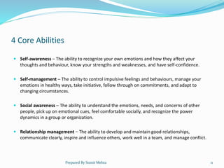 4 Core Abilities
 Self-awareness – The ability to recognize your own emotions and how they affect your
thoughts and behaviour, know your strengths and weaknesses, and have self-confidence.
 Self-management – The ability to control impulsive feelings and behaviours, manage your
emotions in healthy ways, take initiative, follow through on commitments, and adapt to
changing circumstances.
 Social awareness – The ability to understand the emotions, needs, and concerns of other
people, pick up on emotional cues, feel comfortable socially, and recognize the power
dynamics in a group or organization.
 Relationship management – The ability to develop and maintain good relationships,
communicate clearly, inspire and influence others, work well in a team, and manage conflict.
Prepared By Sumit Mehta 11
 