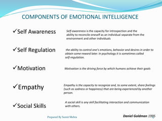 COMPONENTS OF EMOTIONAL INTELLIGENCE
Self Awareness
Self Regulation
Motivation
Empathy
Social Skills
Self-awareness is the capacity for introspection and the
ability to reconcile oneself as an individual separate from the
environment and other individuals
the ability to control one's emotions, behavior and desires in order to
obtain some reward later. In psychology it is sometimes called
self-regulation.
Motivation is the driving force by which humans achieve their goals
Empathy is the capacity to recognize and, to some extent, share feelings
(such as sadness or happiness) that are being experienced by another
person.
A social skill is any skill facilitating interaction and communication
with others.
Daniel Goldman 1995Prepared By Sumit Mehta 13
 