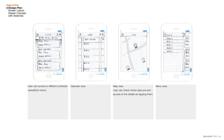 112014.03.07 V1.1
Schedule detail view.
User can check details and progress
of task given.
Calendar view. Map view.
User can check where sites are and
access to the details as tapping them.
Menu view.User can access to different schedule
views(Sub-menu).
3.Design Plan
Screen Layout
Design Concept
with sketches
 