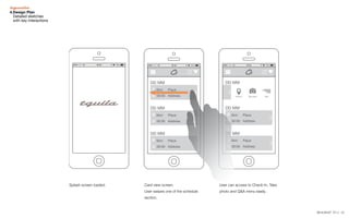 122014.03.07 V1.1
4.Design Plan
Detailed sketches
with key interactions
DD MM
0km
00:00
Place
Address
DD MM
0km
00:00
Place
Address
DD MM
0km
00:00
Place
Address
DD MM
DD MM
0km
00:00
Place
Address
DD MM
0km
00:00
Place
Address
Check-In Take photo Q&A
Q
A
DD MM
0km
00:00
Place
Address
DD MM
0km
00:00
Place
Address
DD MM
0km
00:00
Place
Address
Map Cal Card
Search
Home
Splash screen loaded. Card view screen.
User swipes one of the schedule
section.
User can access to Check-In, Take
photo and Q&A menu easily.
 