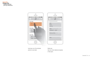 142014.03.07 V1.1
0km
00:00
Place
Address
0km
00:00
Place
Address
0km
00:00
Place
Address
00
DD
DD
DD
Search
Home
My proﬁle
Chatter
Settings
Log out
Date
DD/MM/YY 00:00
Reschedule
Date
Address
Place
Previous Visits
Staff
View details
DD MM
0km
00:00
Place
Address
DD MM
0km
00:00
Place
Address
DD MM
0km
00:00
Place
Address
DD MM
DD MM
0km
00:00
Place
Address
DD MM
0km
00:00
Place
Address
Check-In Take photo Q&A
Q
A
DD MM
0km
00:00
Place
Address
DD MM
0km
00:00
Place
Address
DD MM
0km
00:00
Place
Address
Map Cal Card
DD
00
00
00
00
00
Search
Home
4.Design Plan
Detailed sketches
with key interactions
User taps one of the schedule
section to see detail.
Detail view.
User can check detail and progress
of task given.
 