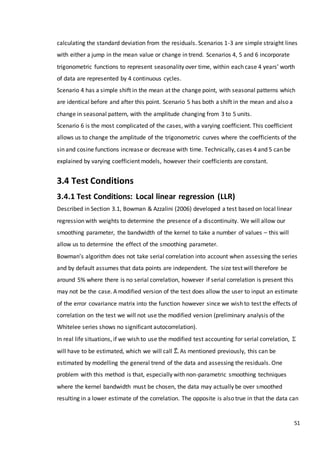 51
calculating the standard deviation from the residuals. Scenarios 1-3 are simple straight lines
with either a jump in the mean value or change in trend. Scenarios 4, 5 and 6 incorporate
trigonometric functions to represent seasonality over time, within each case 4 years’ worth
of data are represented by 4 continuous cycles.
Scenario 4 has a simple shift in the mean at the change point, with seasonal patterns which
are identical before and after this point. Scenario 5 has both a shift in the mean and also a
change in seasonal pattern, with the amplitude changing from 3 to 5 units.
Scenario 6 is the most complicated of the cases, with a varying coefficient. This coefficient
allows us to change the amplitude of the trigonometric curves where the coefficients of the
sin and cosine functions increase or decrease with time. Technically, cases 4 and 5 can be
explained by varying coefficient models, however their coefficients are constant.
3.4 Test Conditions
3.4.1 Test Conditions: Local linear regression (LLR)
Described in Section 3.1, Bowman & Azzalini (2006) developed a test based on local linear
regression with weights to determine the presence of a discontinuity. We will allow our
smoothing parameter, the bandwidth of the kernel to take a number of values – this will
allow us to determine the effect of the smoothing parameter.
Bowman’s algorithm does not take serial correlation into account when assessing the series
and by default assumes that data points are independent. The size test will therefore be
around 5% where there is no serial correlation, however if serial correlation is present this
may not be the case. A modified version of the test does allow the user to input an estimate
of the error covariance matrix into the function however since we wish to test the effects of
correlation on the test we will not use the modified version (preliminary analysis of the
Whitelee series shows no significant autocorrelation).
In real life situations, if we wish to use the modified test accounting for serial correlation, Σ
will have to be estimated, which we will call Σ̂. As mentioned previously, this can be
estimated by modelling the general trend of the data and assessing the residuals. One
problem with this method is that, especially with non-parametric smoothing techniques
where the kernel bandwidth must be chosen, the data may actually be over smoothed
resulting in a lower estimate of the correlation. The opposite is also true in that the data can
 