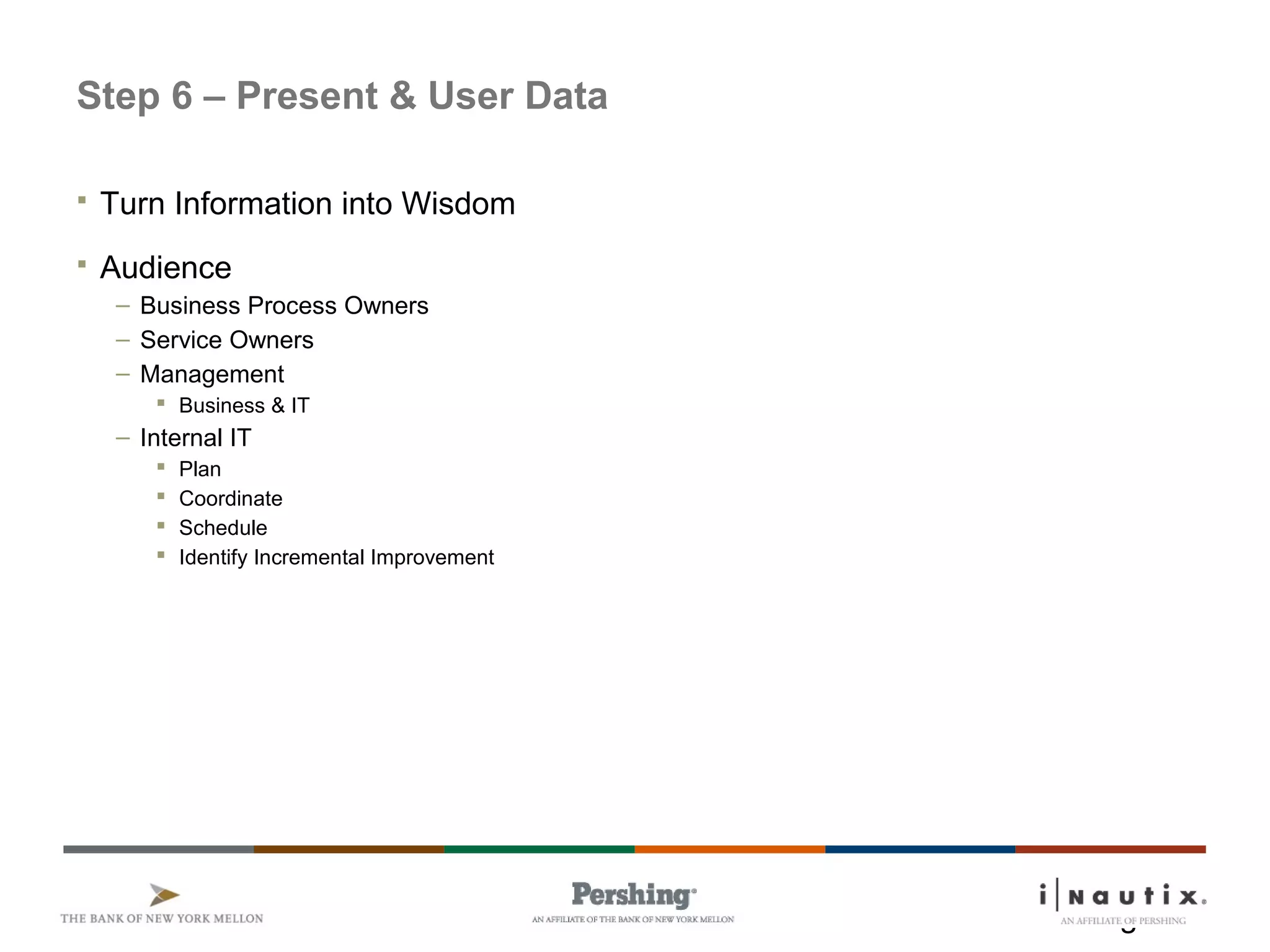 Page 14
Step 6 – Present & User Data
 Turn Information into Wisdom
 Audience
– Business Process Owners
– Service Owners
– Management
 Business & IT
– Internal IT
 Plan
 Coordinate
 Schedule
 Identify Incremental Improvement
 