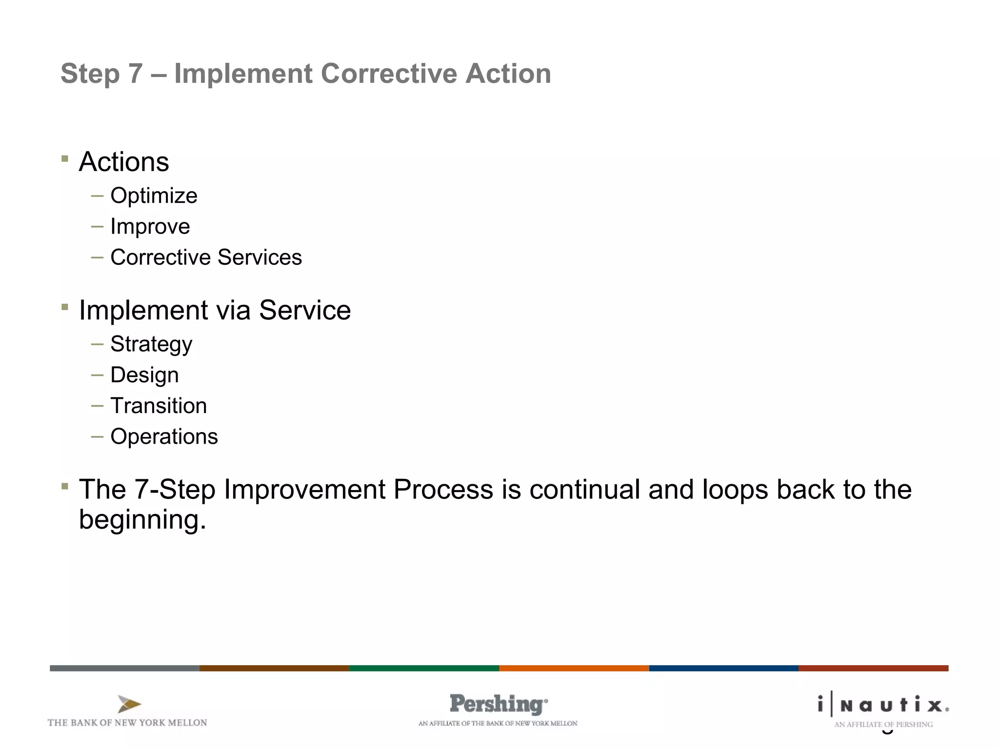 Page 15
Step 7 – Implement Corrective Action
 Actions
– Optimize
– Improve
– Corrective Services
 Implement via Service
– Strategy
– Design
– Transition
– Operations
 The 7-Step Improvement Process is continual and loops back to the
beginning.
 