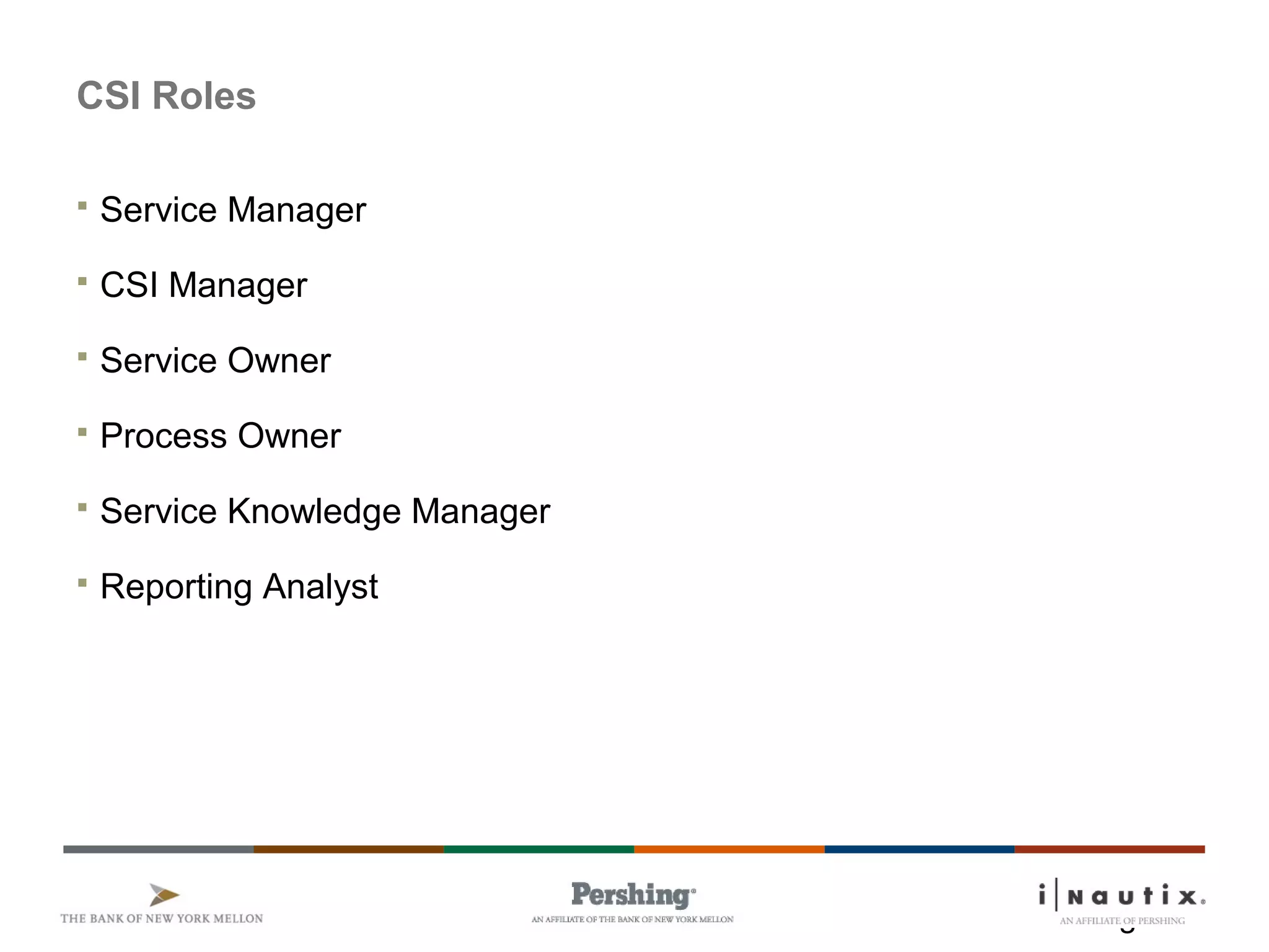 Page 23
CSI Roles
 Service Manager
 CSI Manager
 Service Owner
 Process Owner
 Service Knowledge Manager
 Reporting Analyst
 