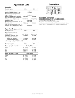 GSD - 308 (1500REOZM) 8/12b
Application Data
Cooling
Radiator System 60 Hz 50 Hz
Ambient temperature 40 (104)
Engine jacket water capacity, L (gal.) 170 (44.9)
Radiator system capacity, including
engine, L (gal.) 305 (80.7)
Engine jacket water flow, Lpm (gpm) 1850 (489) 1650 (436)
Heat rejected to cooling water at rated
kW, dry exhaust, kW (Btu/min.) 1029 (58492) 885 (50316)
Water pump type Centrifugal
Fan diameter, including blades, mm (in.) 1800 (70.9)
Fan, kWm (HP) 47.2 (63.3) 43.3 (58)
Max. restriction of cooling air, intake and
discharge side of radiator, kPa (in. H2O) 0.125 (0.5)
Operation Requirements
Air Requirements 60 Hz 50 Hz
Radiator-cooled cooling air,
m
3
/min. (scfm) ~ 2427 (85738) 2207 (77945)
Combustion air, m
3
/min. (cfm) 126 (4449) 101 (3566)
Heat rejected to ambient air:
Engine, kW (Btu/min.) . . . . . . . . 110 (6280) 88 (5014)
Generator, kW (Btu/min.) . . . . . . 71 (4038) 64 (3640)
~ Air density = 1.20 kg/m
3
(0.075 lbm/ft
3
)
Fuel Consumption 60 Hz 50 Hz
Diesel, Lph (gph) at % load Standby Rating
100% 398 (105.2) 342 (90.4)
75% 301 (79.5) 258 (68.2)
50% 212 (56.0) 181 (47.8)
25% 125 (33.0) 107 (28.3)
Diesel, Lph (gph) at % load Prime Rating
100% 360.3 (95.2) 310 (81.9)
75% 276.3 (73.0) 237 (62.6)
50% 198.7 (52.5) 141 (37.3)
25% 120.7 (31.9) 101 (26.7)
Controllers
Decision-Maker
TM
550 Controller
Audiovisual annunciation with NFPA 110 Level 1 capability.
Programmable microprocessor logic and digital display features.
Generator safeguard circuit protection.
12- or 24-volt engine electrical system capability.
Remote start, remote annunciation, and remote communication options.
Refer to G6-46 for additional controller features and accessories.
 